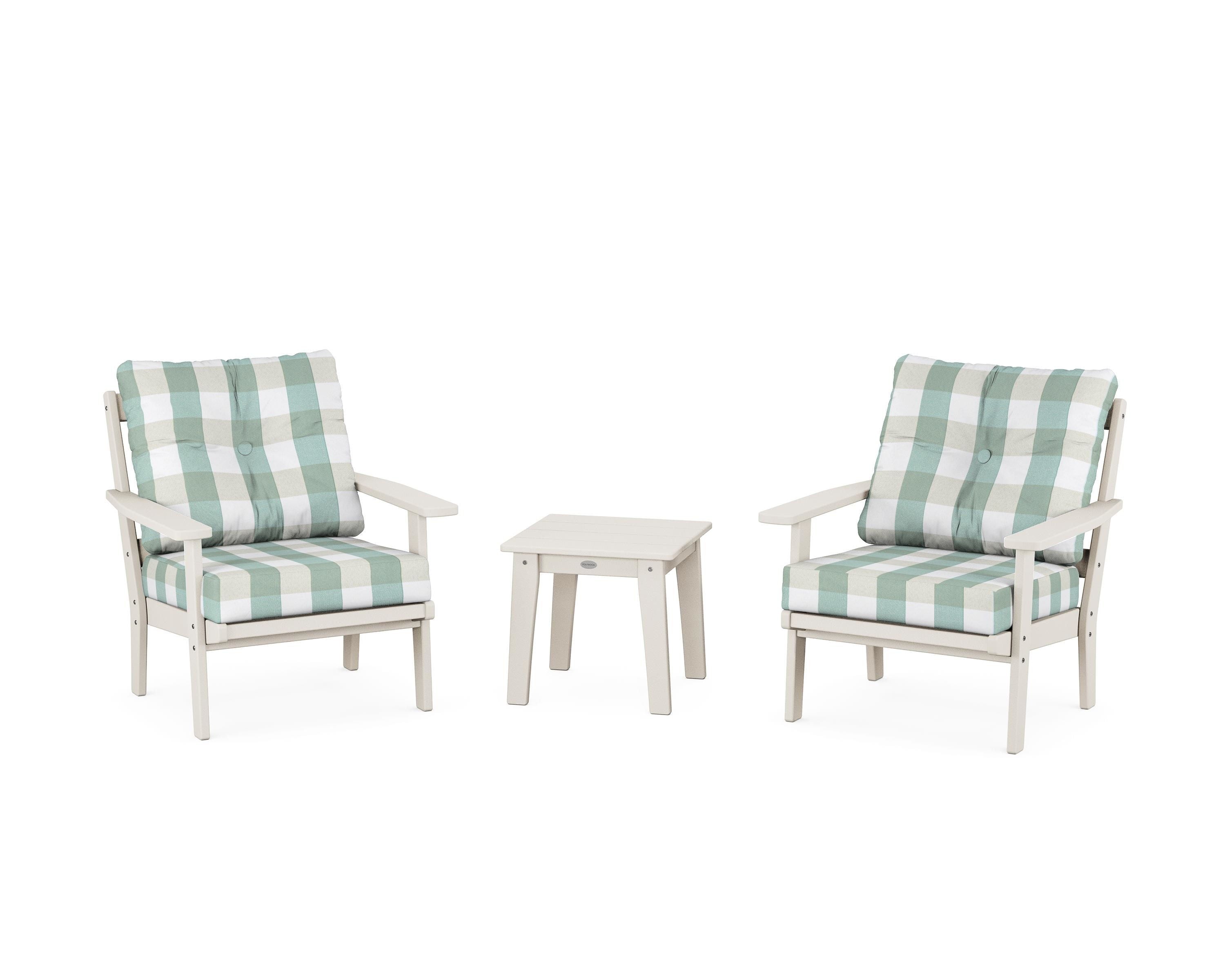 POLYWOOD® Prairie 3-Piece Deep Seating Set in Sand / Buffalo Plaid Glacier Spa