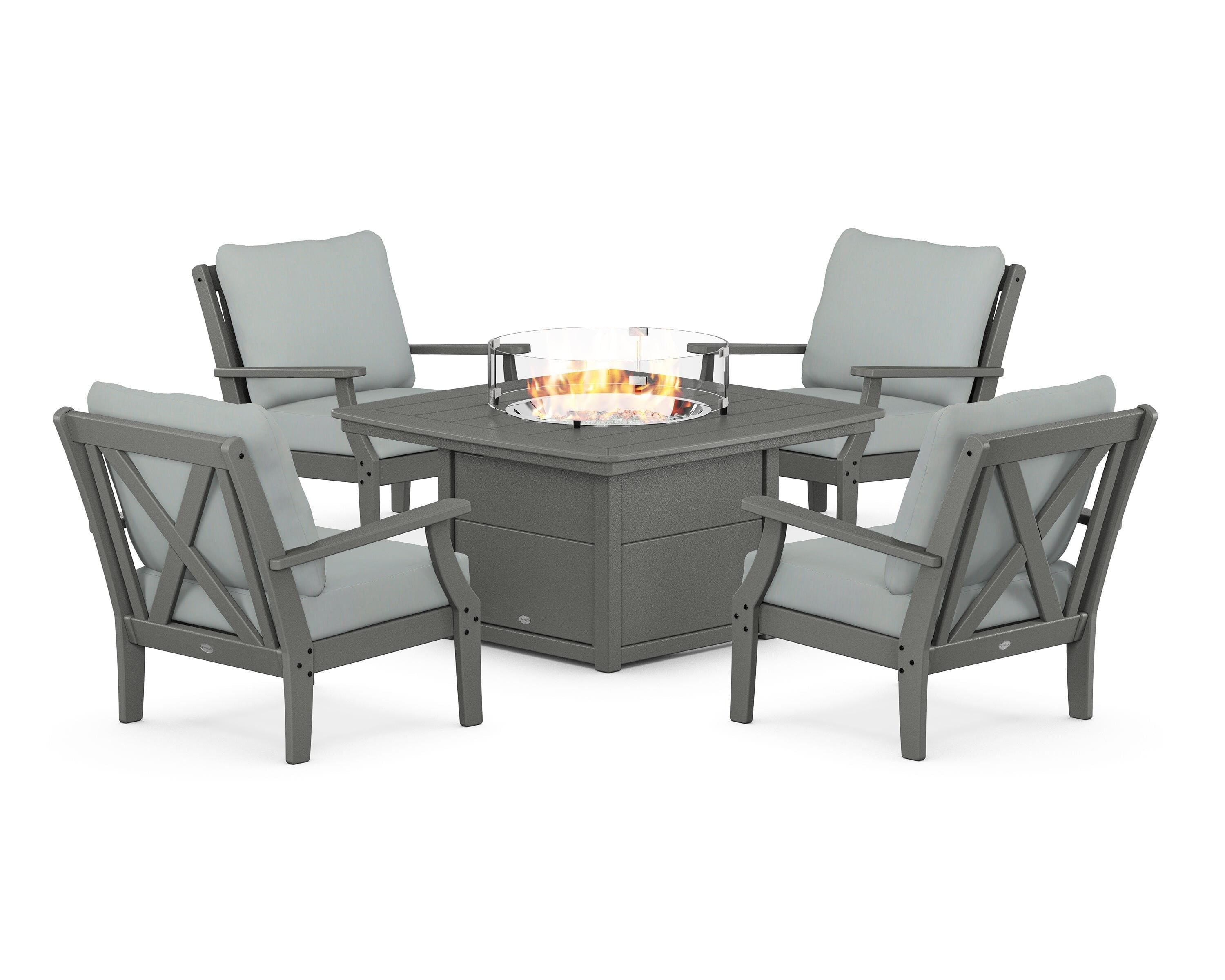 POLYWOOD® Braxton 5-Piece Deep Seating Conversation Set with Fire Pit Table in Slate Grey / Spa
