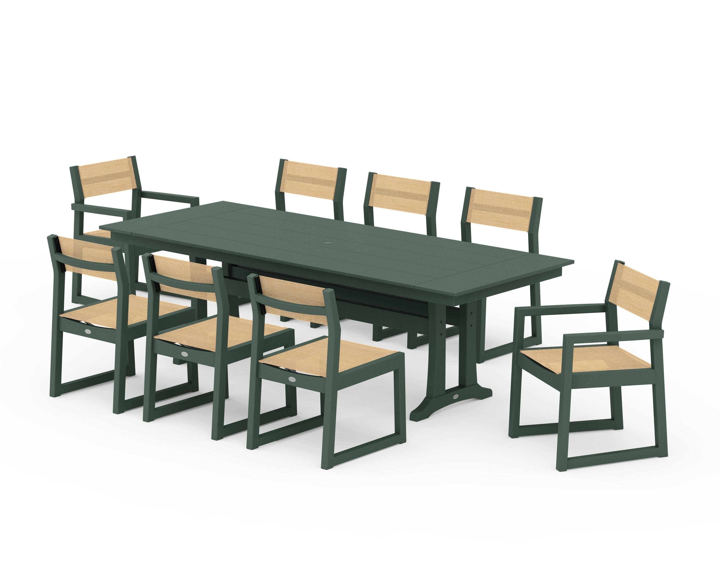 POLYWOOD® EDGE Sling 9-Piece Farmhouse Trestle Dining Set in Green / Dupioni Apricot Sling
