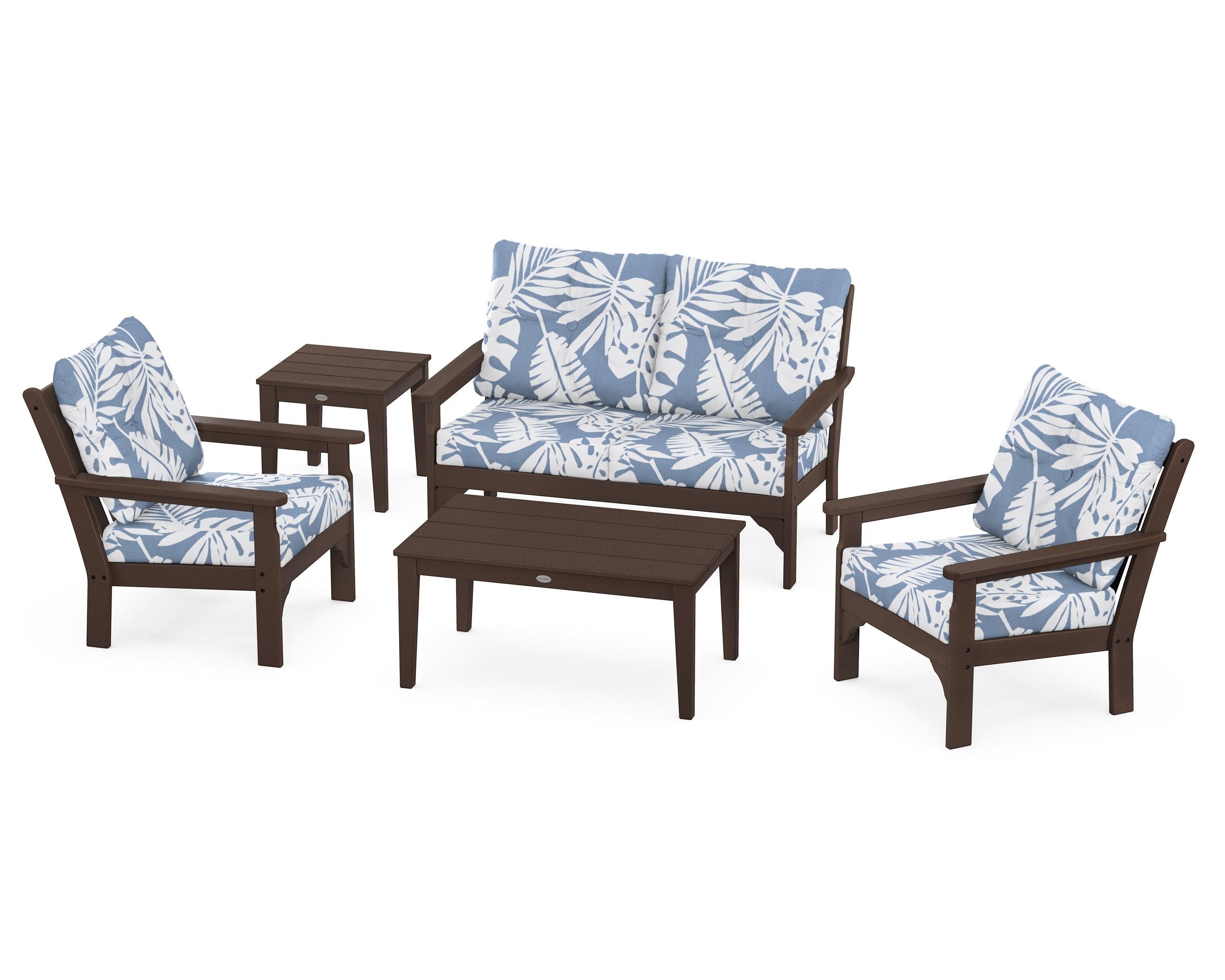 POLYWOOD® Vineyard 5-Piece Deep Seating Set in Mahogany / Leaf Sky Blue
