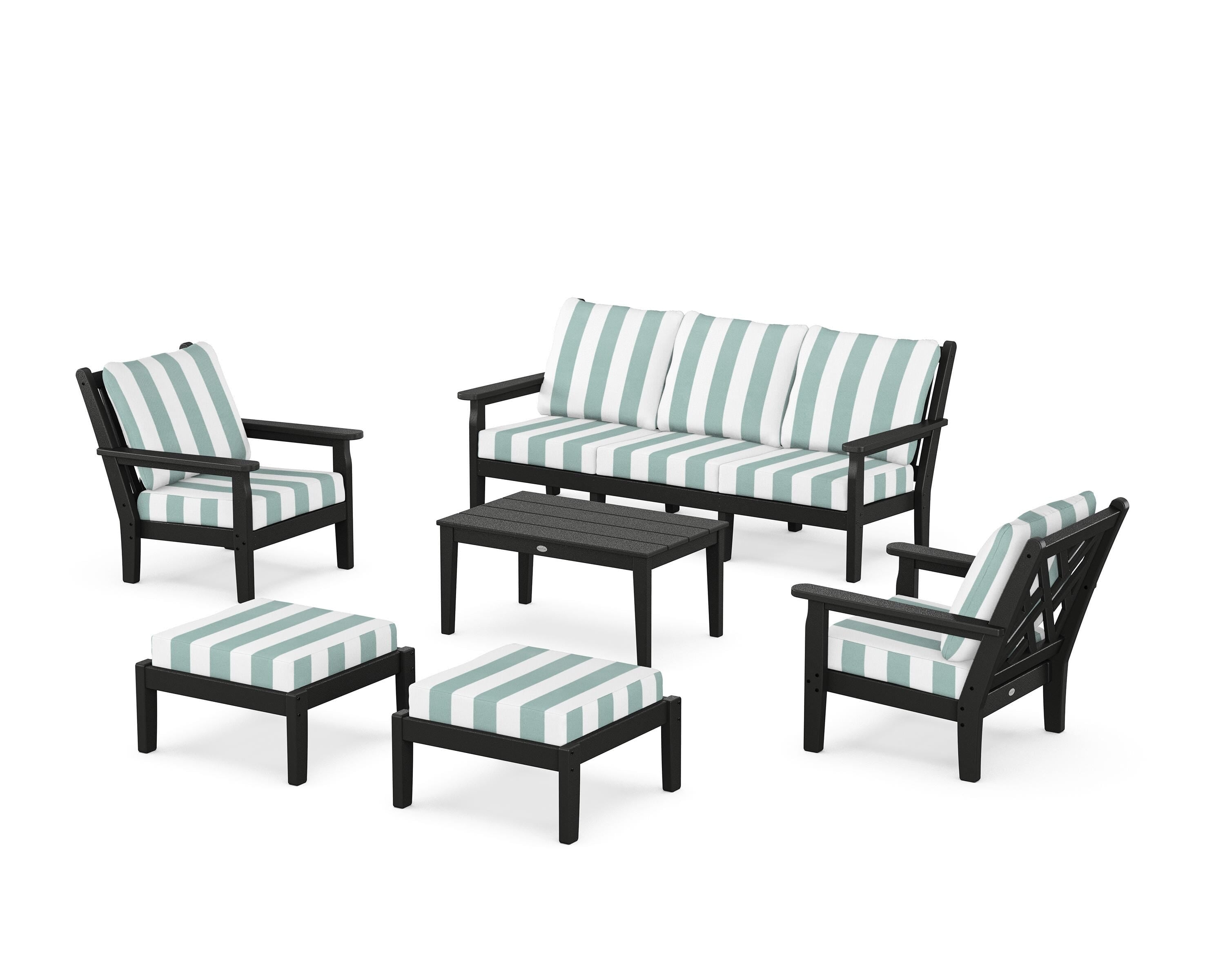 POLYWOOD® Chippendale 6-Piece Lounge Sofa Set in Black / Cabana Stripe Glacier Spa