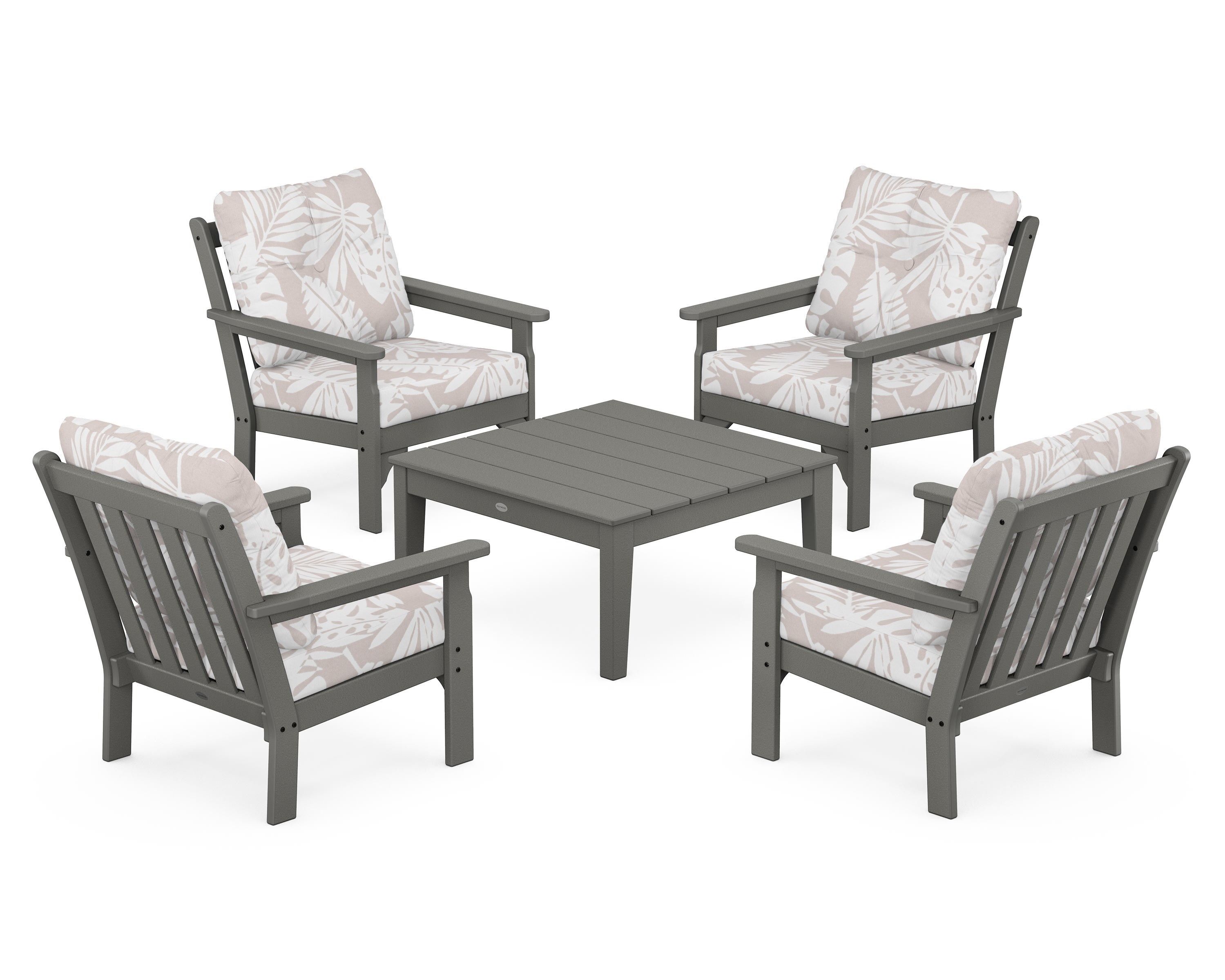 POLYWOOD® Vineyard 5-Piece Deep Seating Conversation Set in Slate Grey / Leaf Dune Burlap