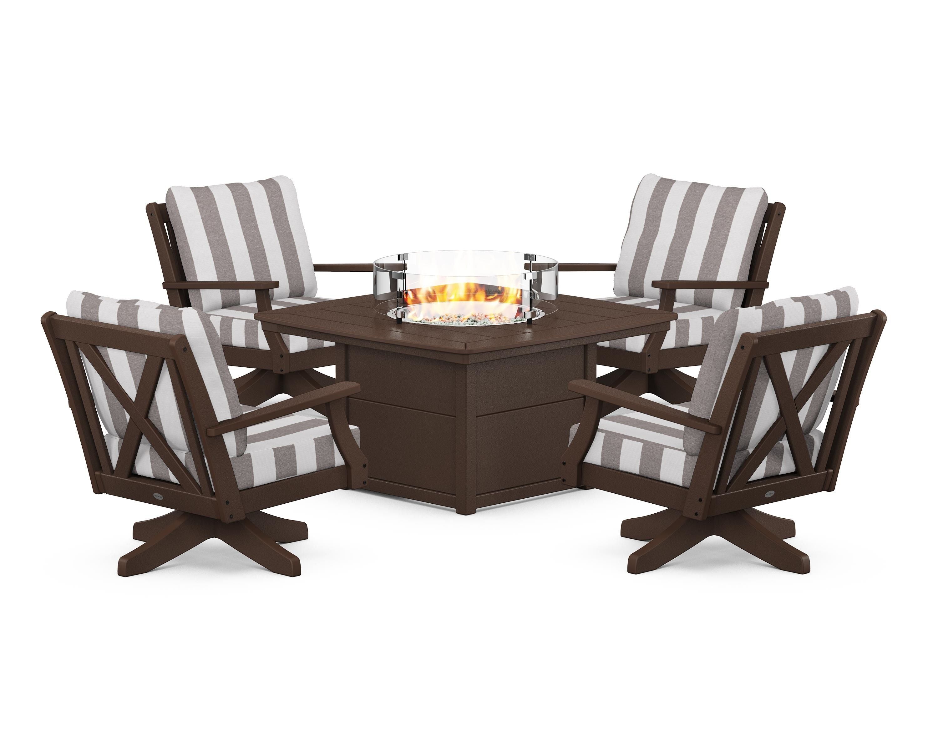 POLYWOOD® Braxton 5-Piece Deep Seating Swivel Conversation Set with Fire Pit Table in Mahogany / Cabana Stripe Grey Mist