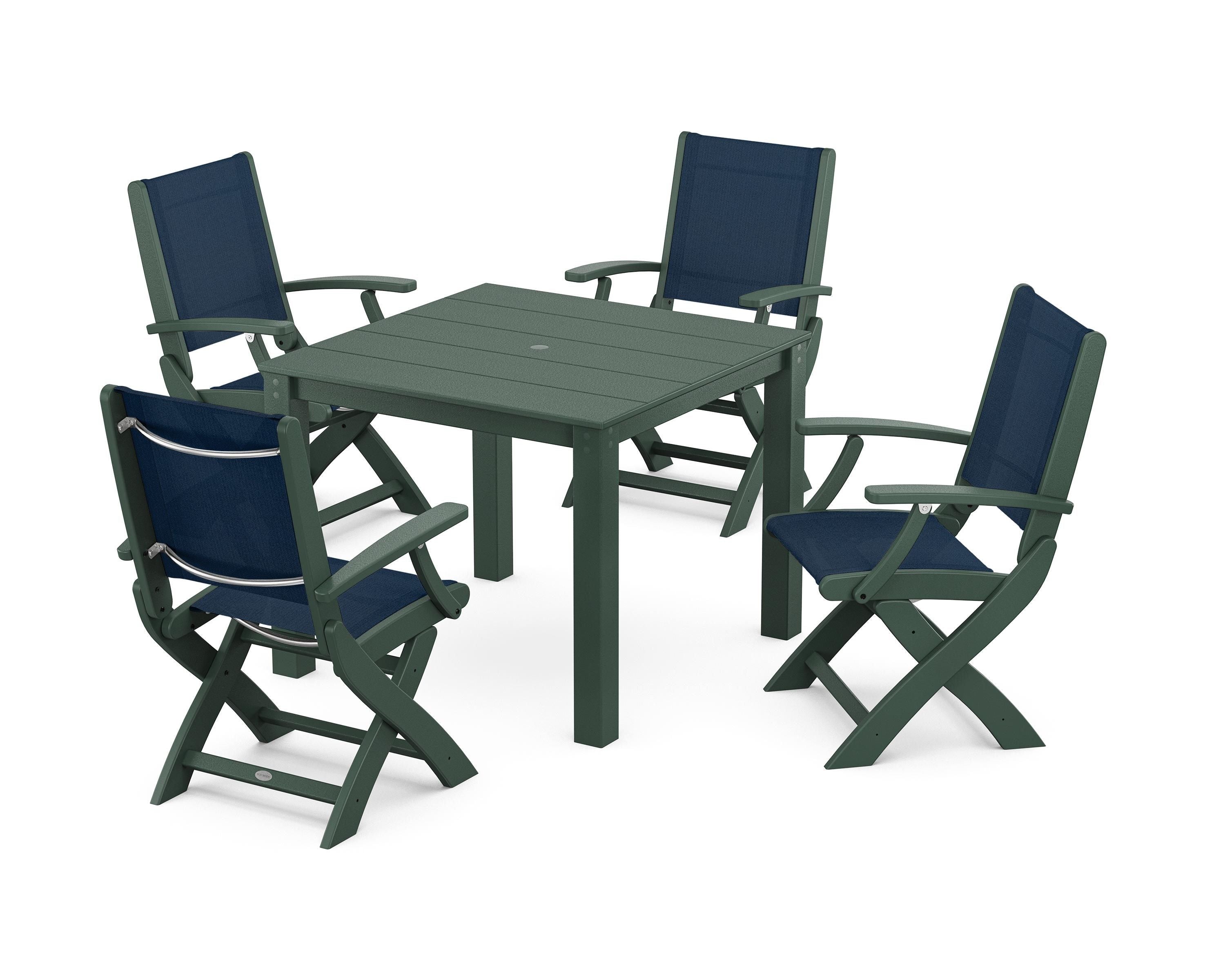POLYWOOD® Coastal Folding Chair 5-Piece Parsons Dining Set in Green / Navy Blue Sling