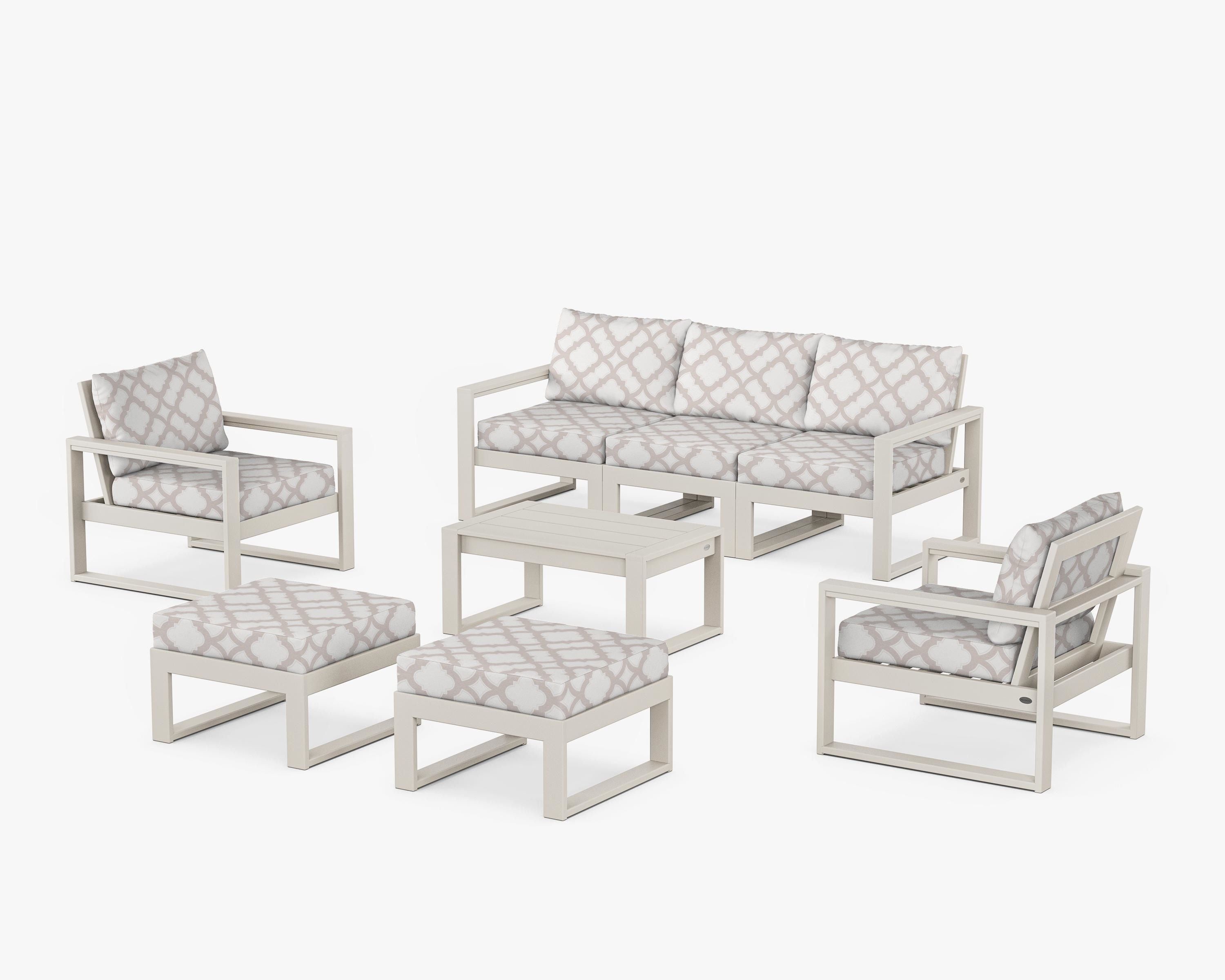 POLYWOOD® EDGE Sectional 8-Piece Lounge Sofa Set in Sand / Trellis Dune Burlap