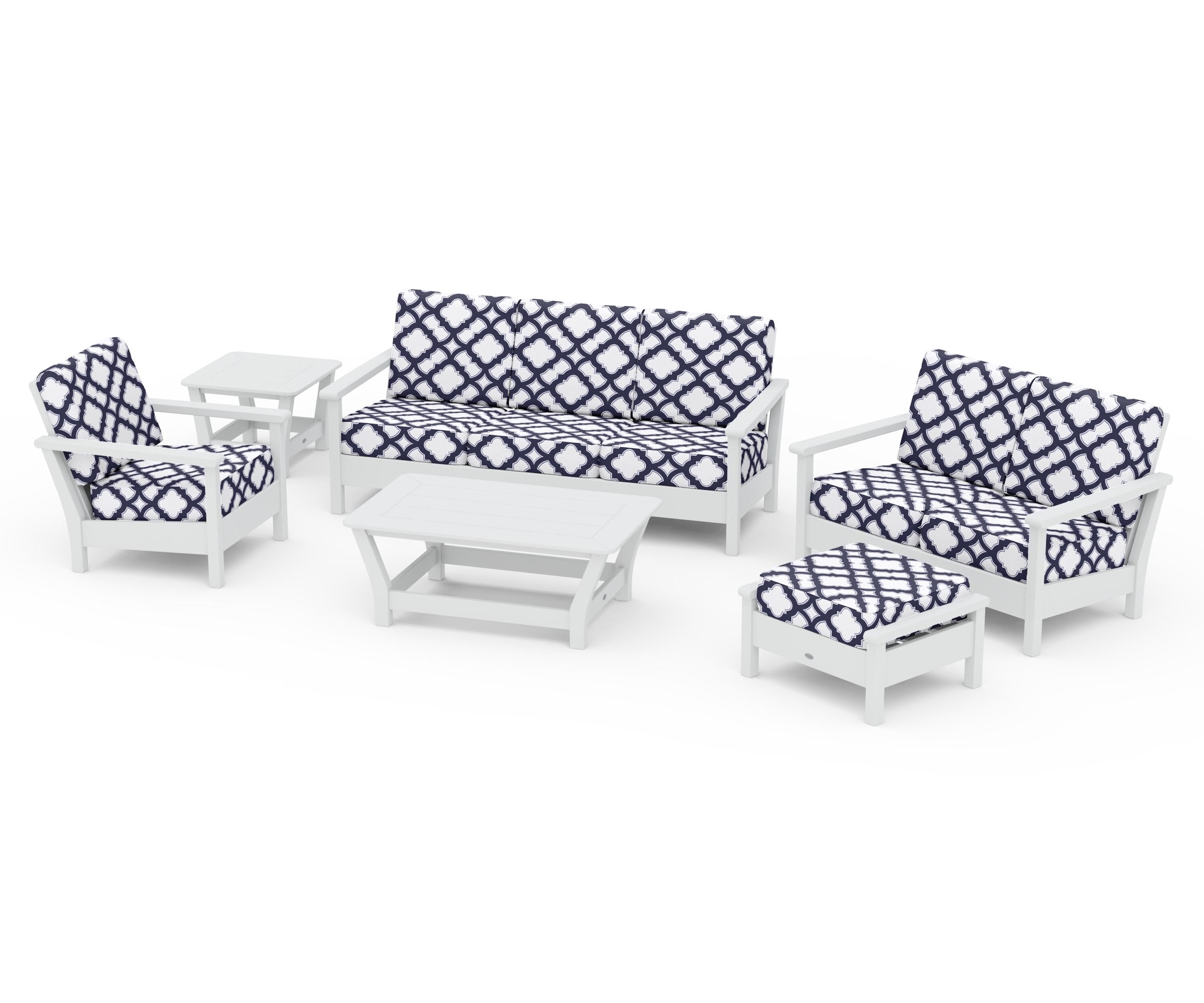 POLYWOOD® Harbour 6-Piece Outdoor Living Set in White / Trellis Navy