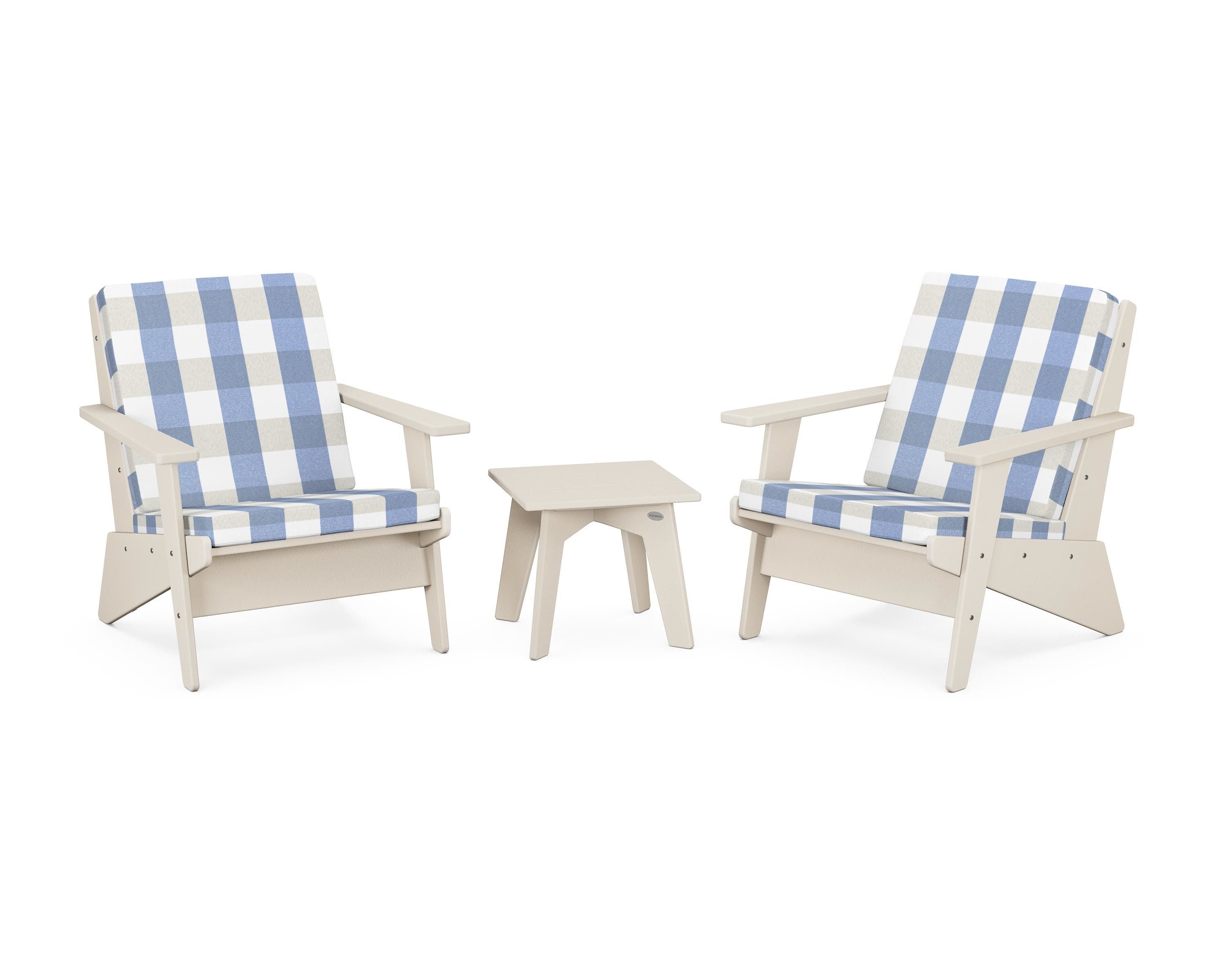POLYWOOD® Riviera Modern Lounge 3-Piece Set in Sand / Buffalo Plaid Sky Blue