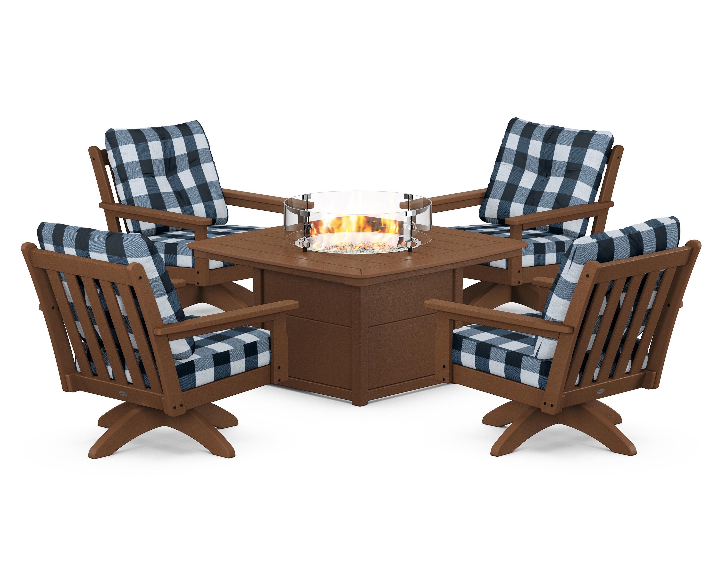 POLYWOOD® Vineyard 5-Piece Deep Seating Swivel Conversation Set with Fire Pit Table in Teak / Buffalo Plaid Marine Indigo