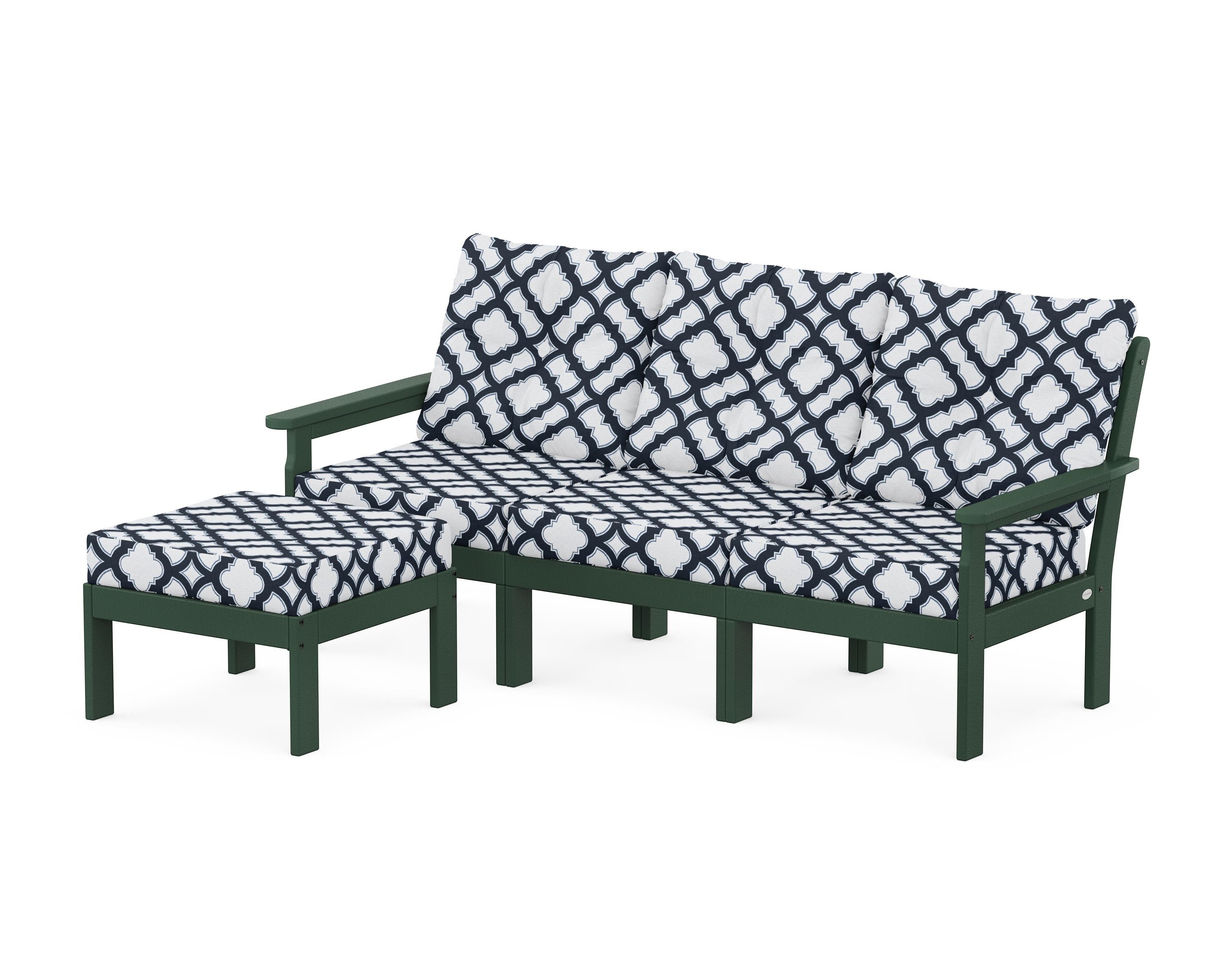 POLYWOOD® Vineyard 4-Piece Sectional with Ottoman in Green / Trellis Marine Indigo