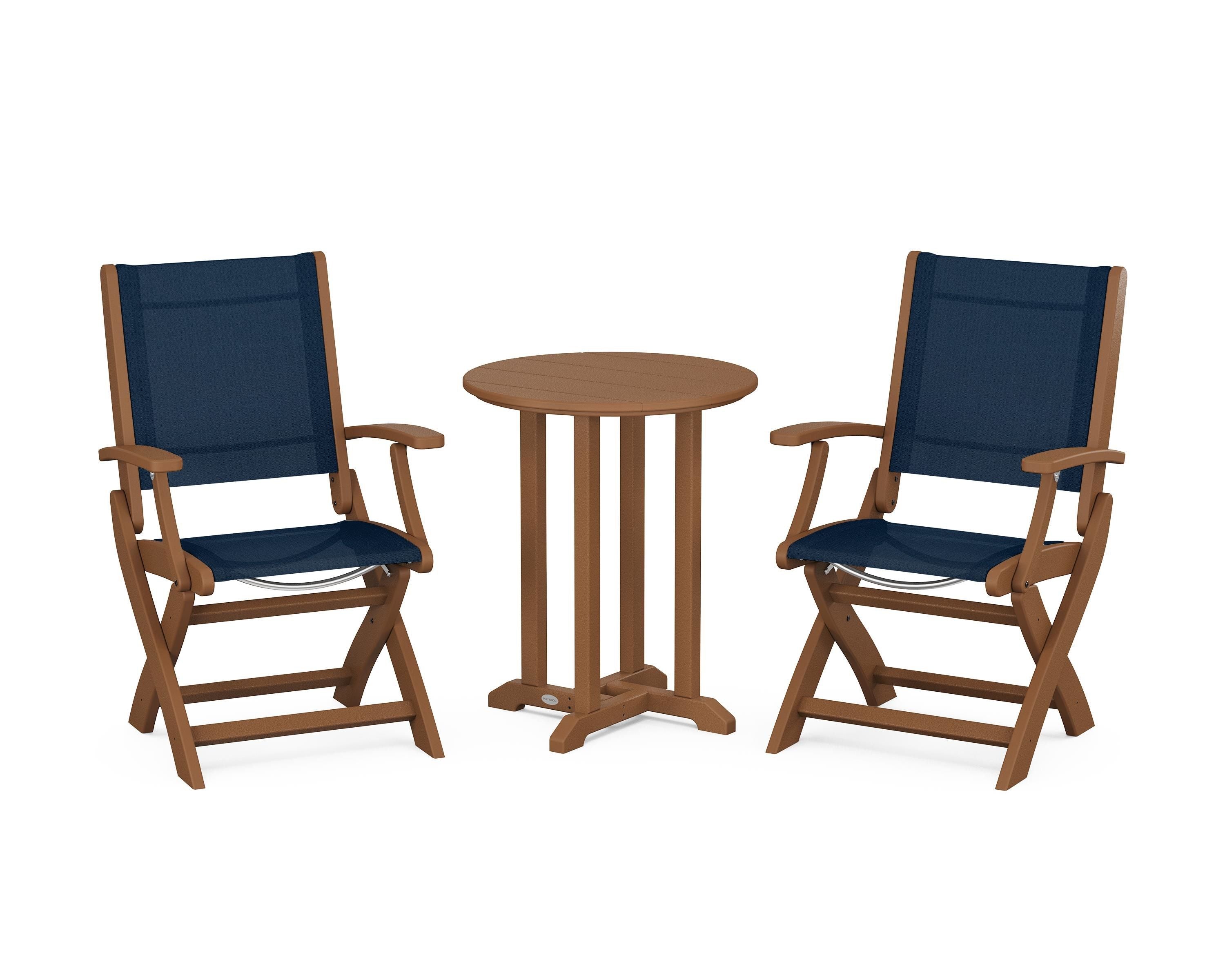 POLYWOOD® Coastal Folding 3-Piece Round Bistro Dining Set in Teak / Navy Blue Sling