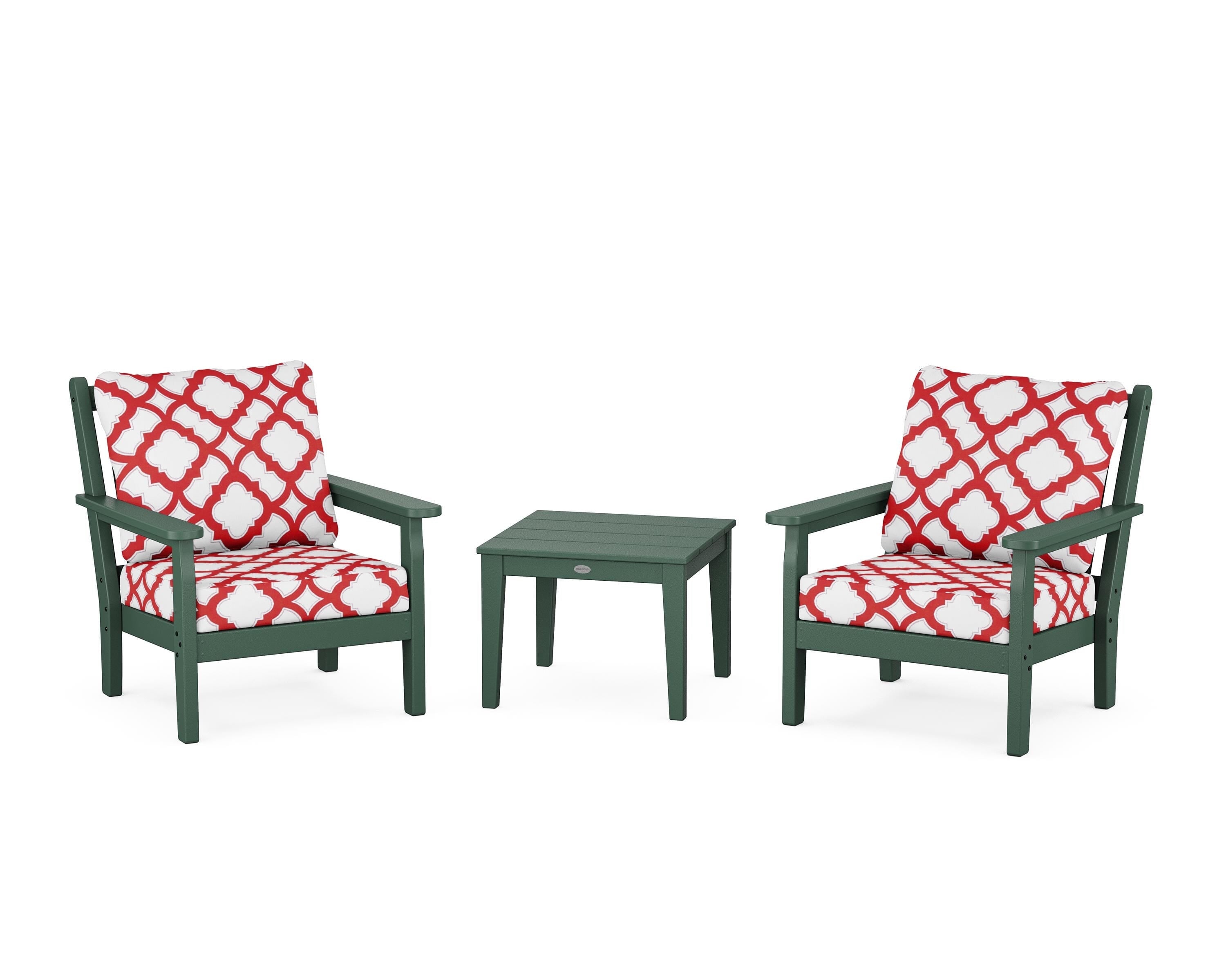POLYWOOD® Chippendale 3-Piece Deep Seating Set in Green / Trellis Crimson