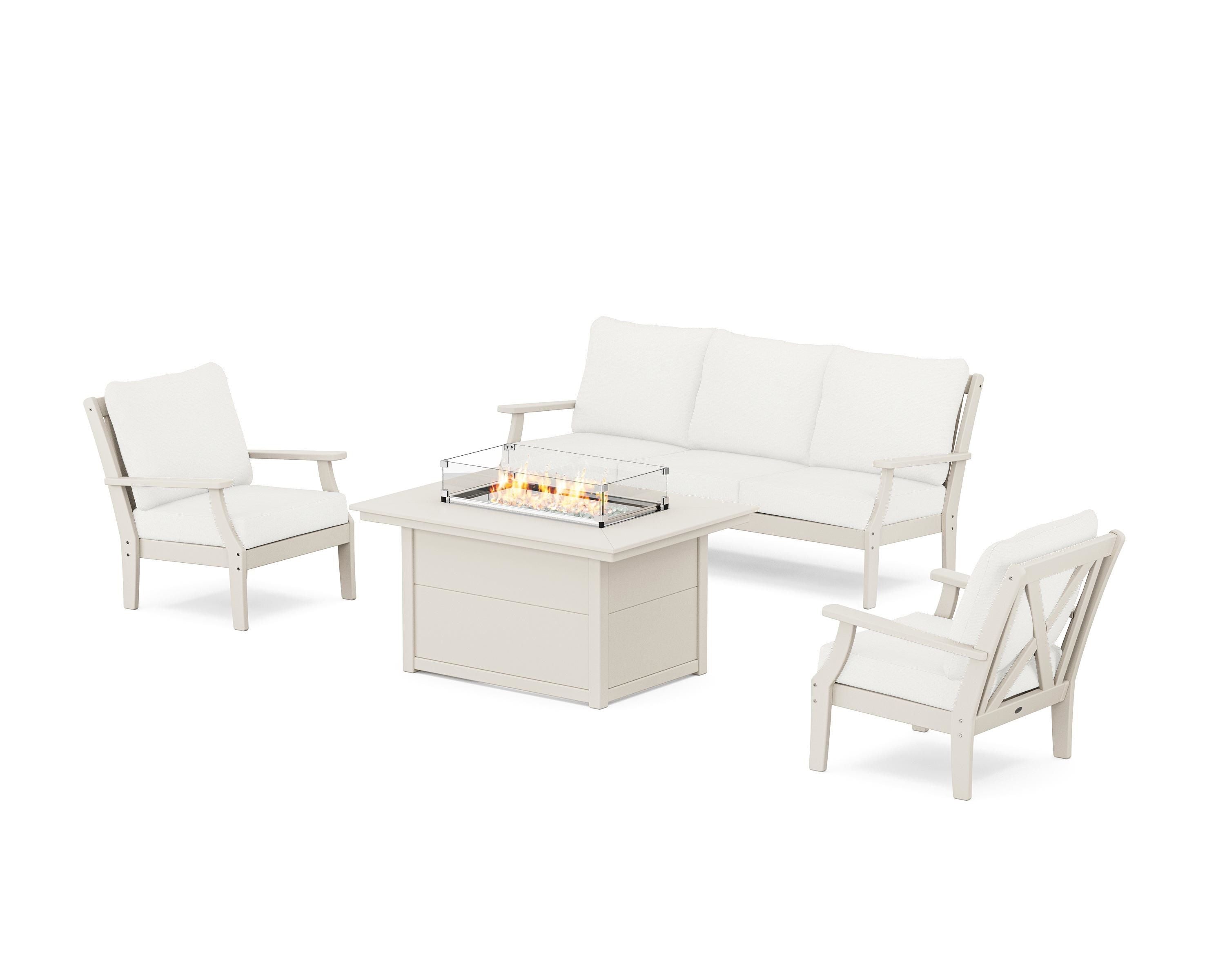 POLYWOOD® Braxton Deep Seating Fire Pit Table Set in Sand / Natural Linen