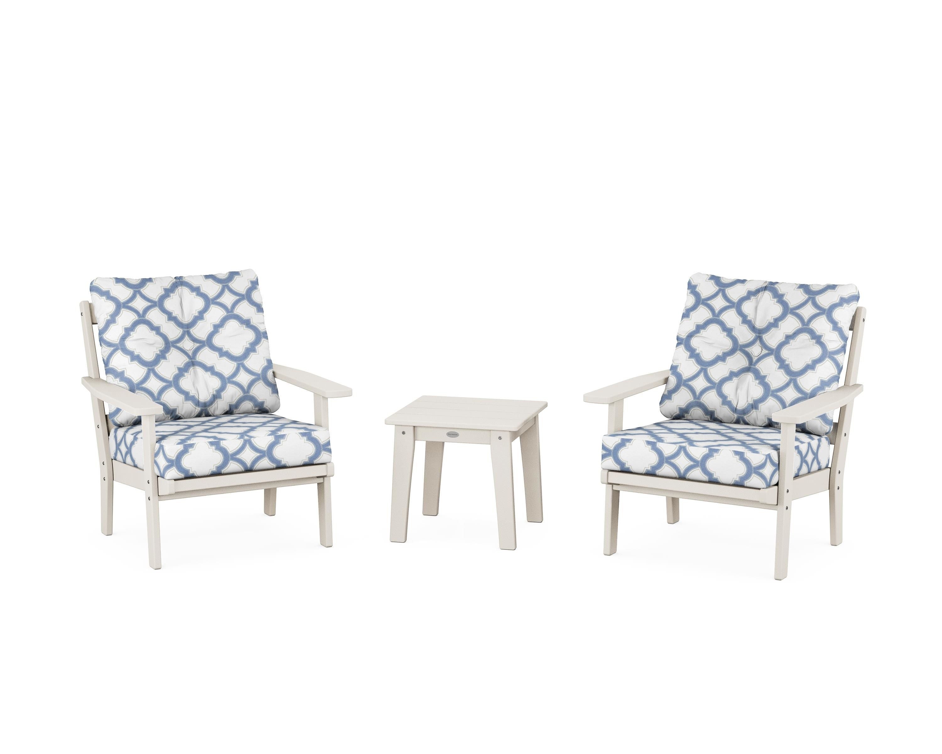 POLYWOOD® Oxford 3-Piece Deep Seating Set in Sand / Trellis Sky Blue