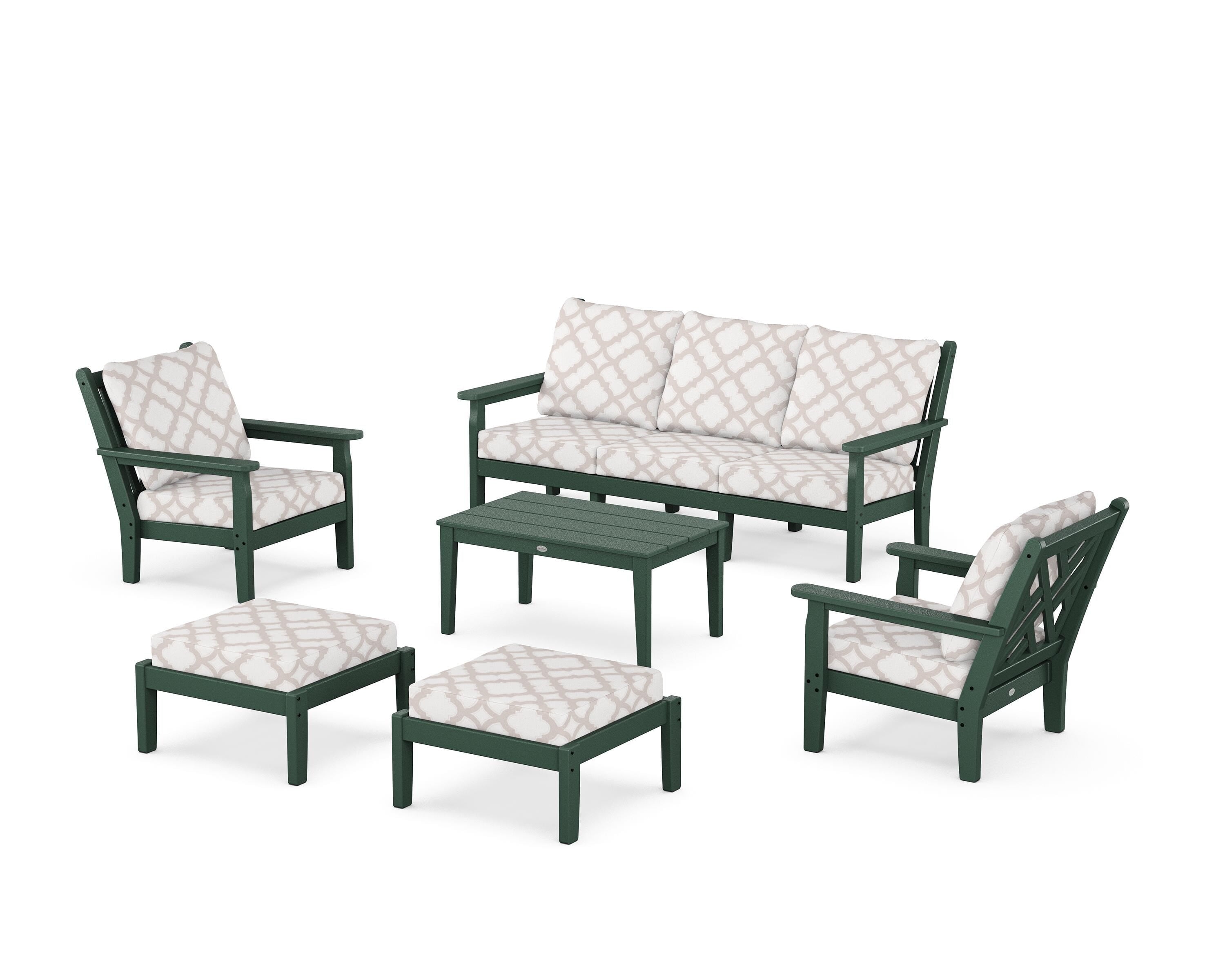 POLYWOOD® Chippendale 6-Piece Lounge Sofa Set in Green / Trellis Dune Burlap