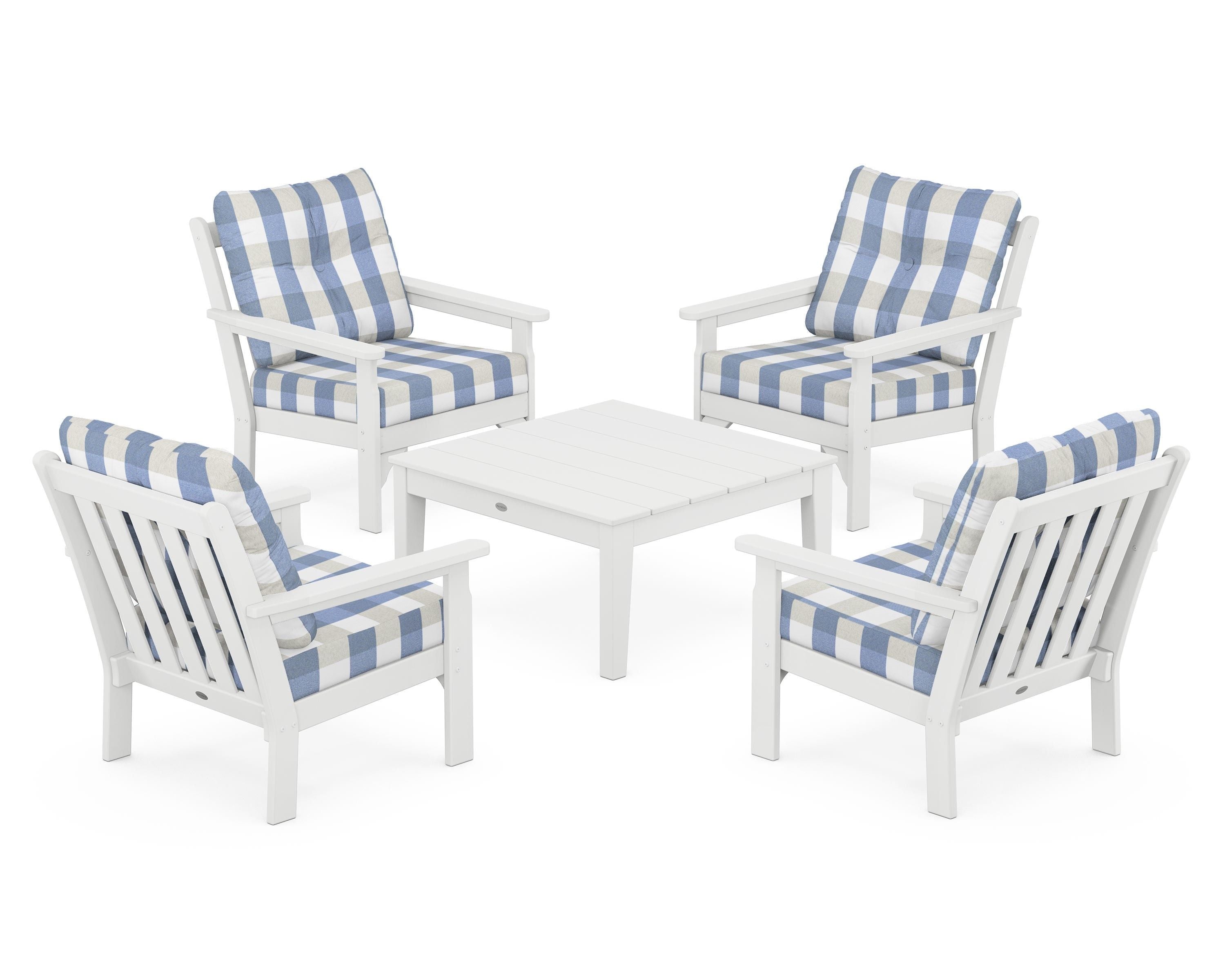 POLYWOOD® Vineyard 5-Piece Deep Seating Conversation Set in White / Buffalo Plaid Sky Blue
