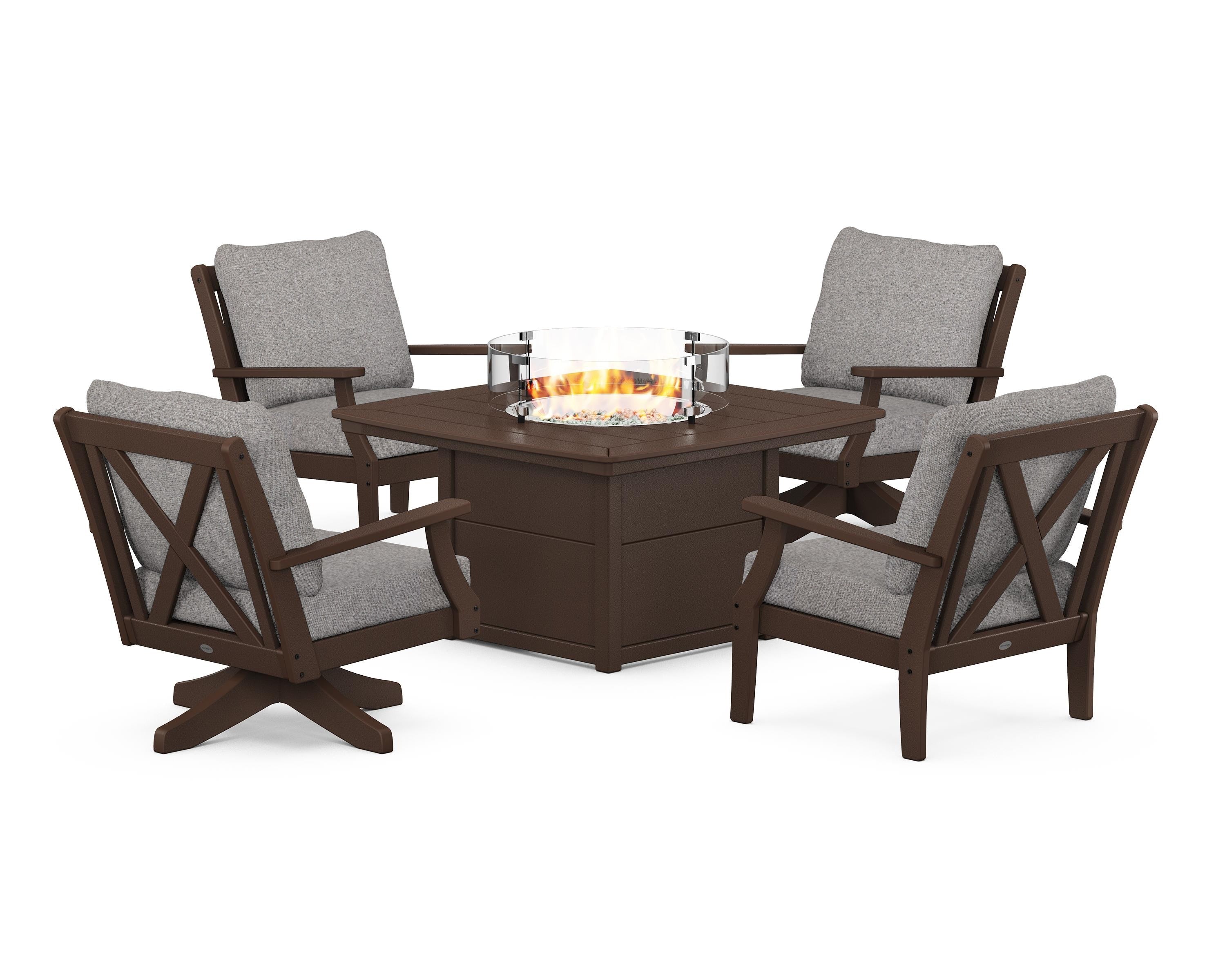 POLYWOOD® Braxton 5-Piece Deep Seating Set with Fire Table in Mahogany / Grey Mist