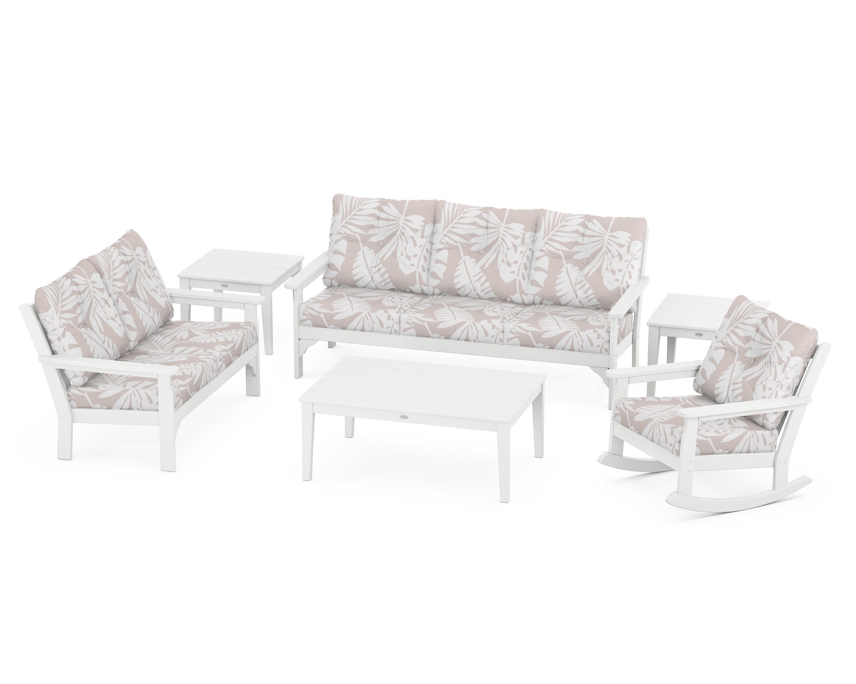 POLYWOOD® Vineyard 6-Piece Deep Seating Set in White / Leaf Dune Burlap