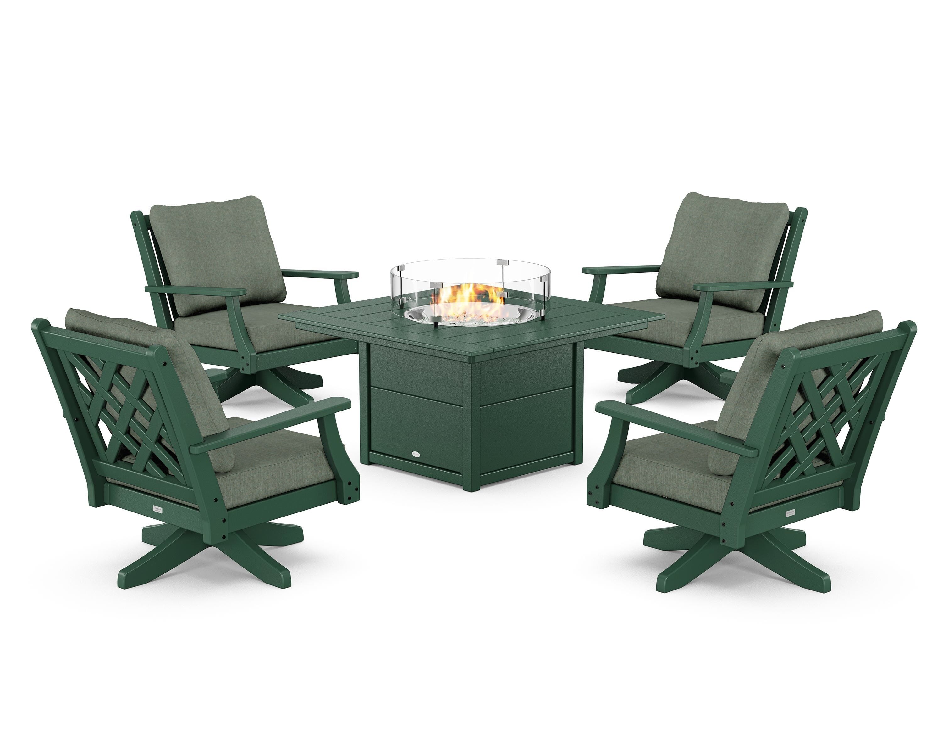 Country Living Wovendale 5-Piece Deep Seating Swivel Conversation Set with Fire Pit Table in Green / Cast Sage