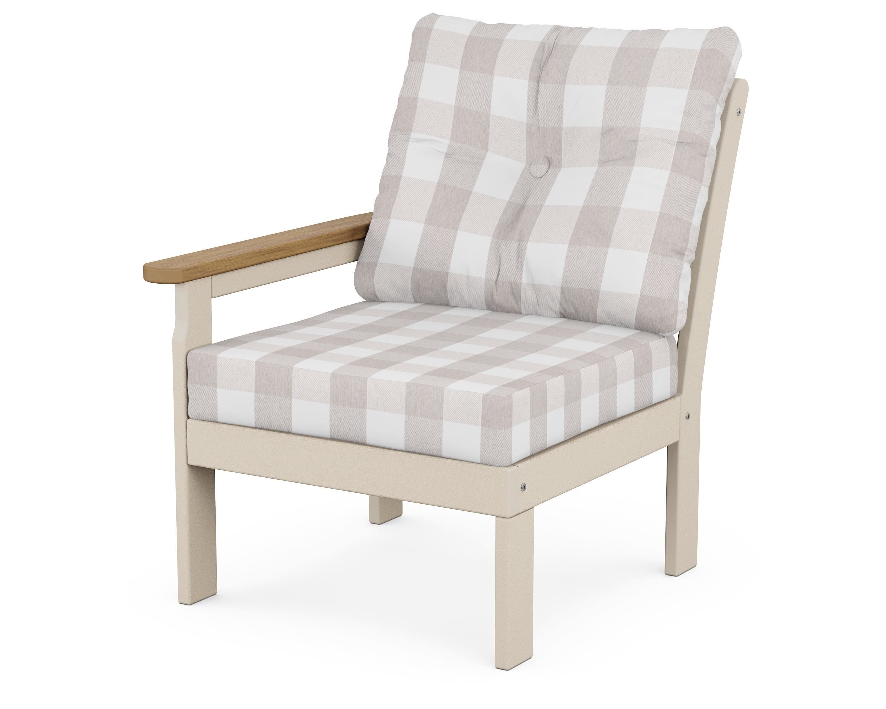 POLYWOOD® Vineyard Modular Left Arm Chair in Sand / Natural / Buffalo Plaid Dune Burlap