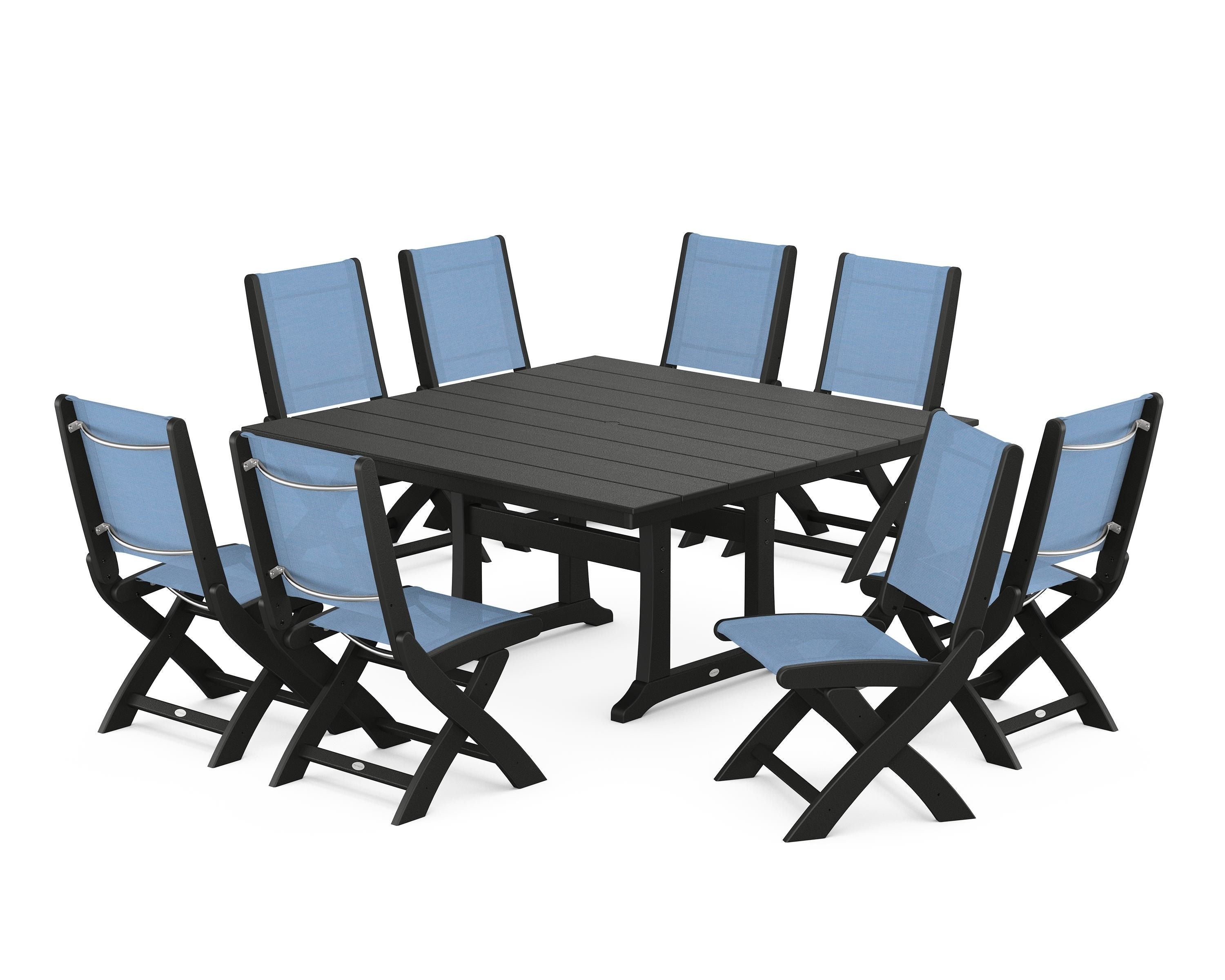 POLYWOOD® Coastal Folding Side Chair 9-Piece Farmhouse Dining Set in Black / Poolside Sling