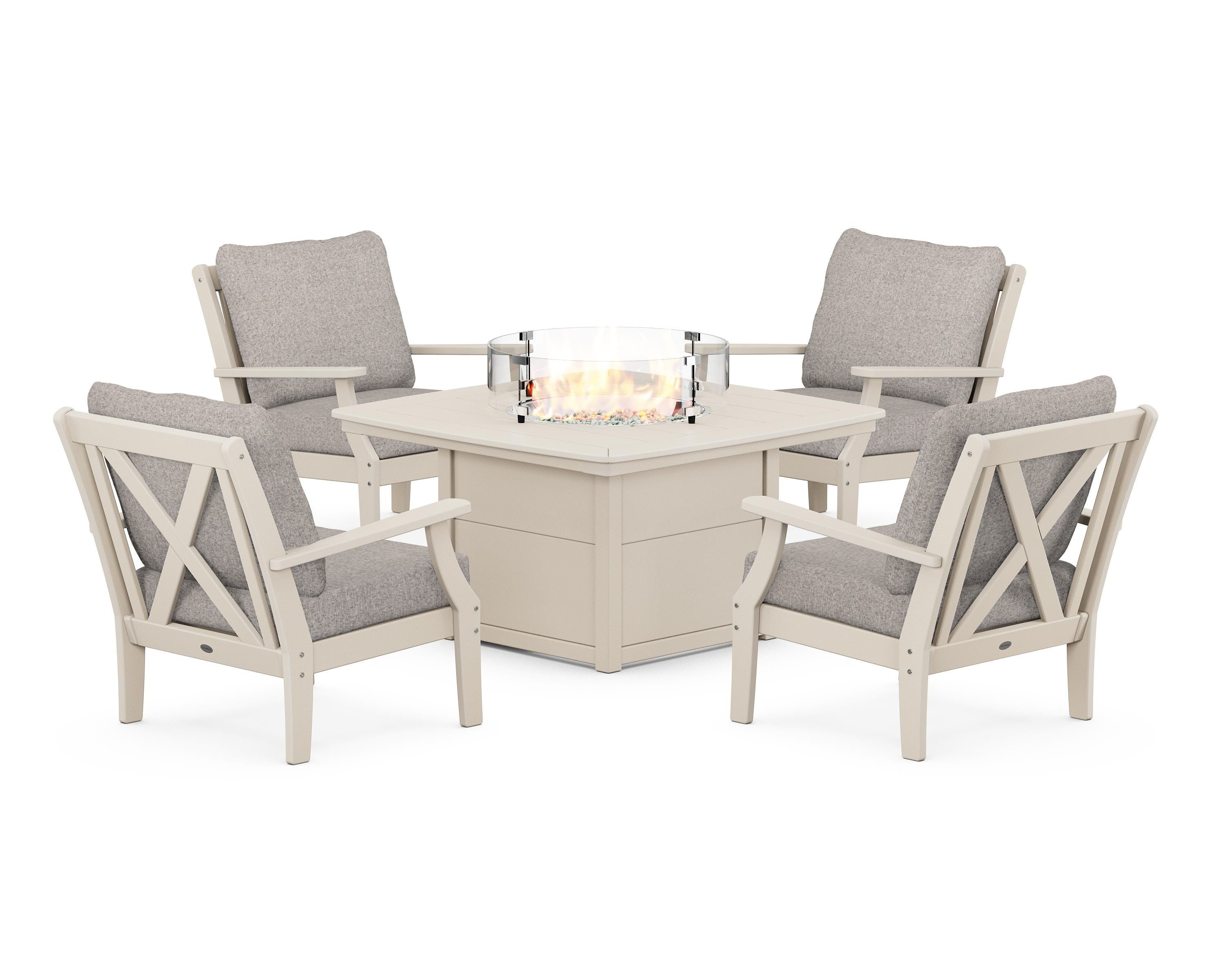 POLYWOOD® Braxton 5-Piece Deep Seating Conversation Set with Fire Pit Table in Sand / Weathered Tweed