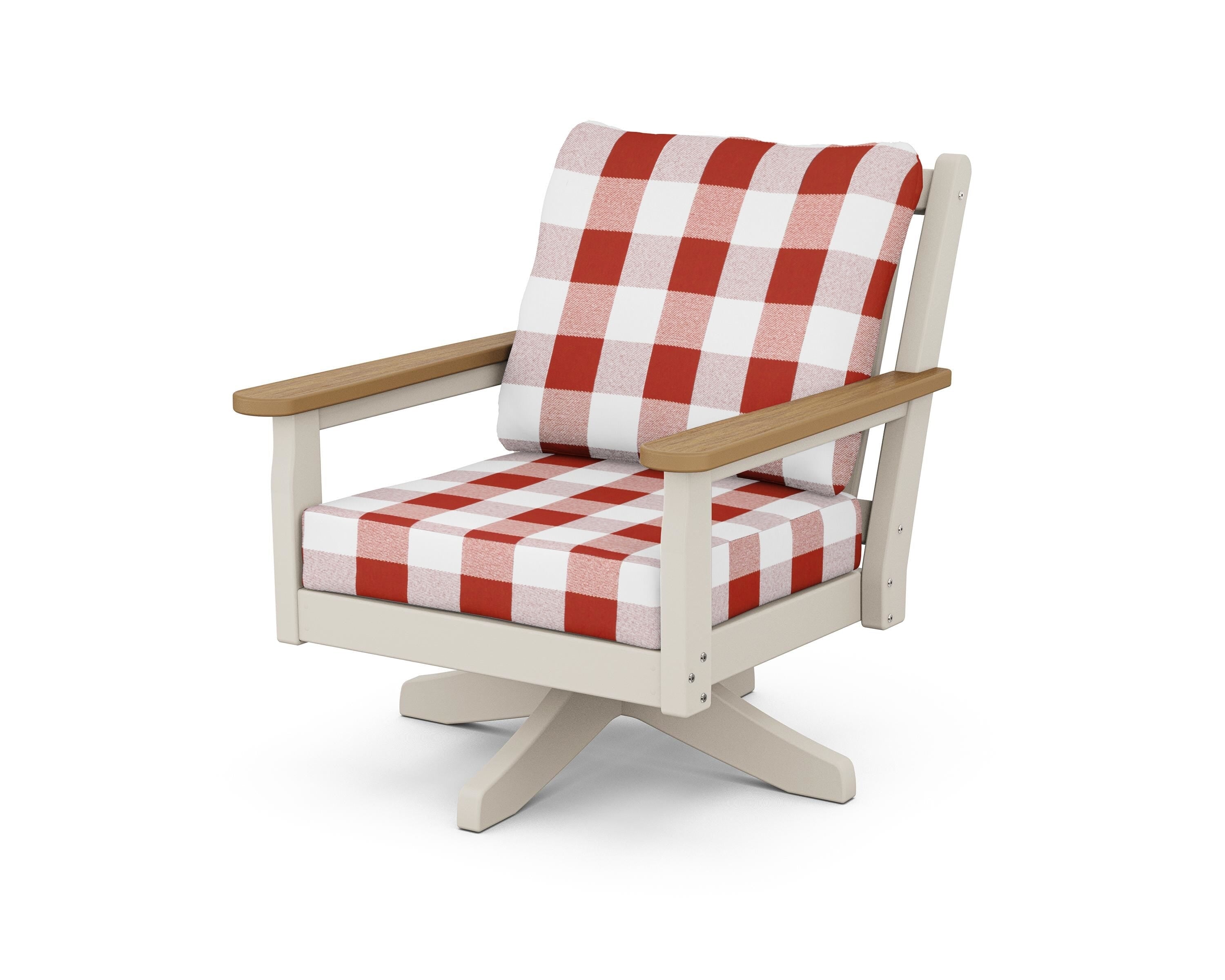 POLYWOOD® Chippendale Deep Seating Swivel Chair in Sand / Natural / Buffalo Plaid Crimson
