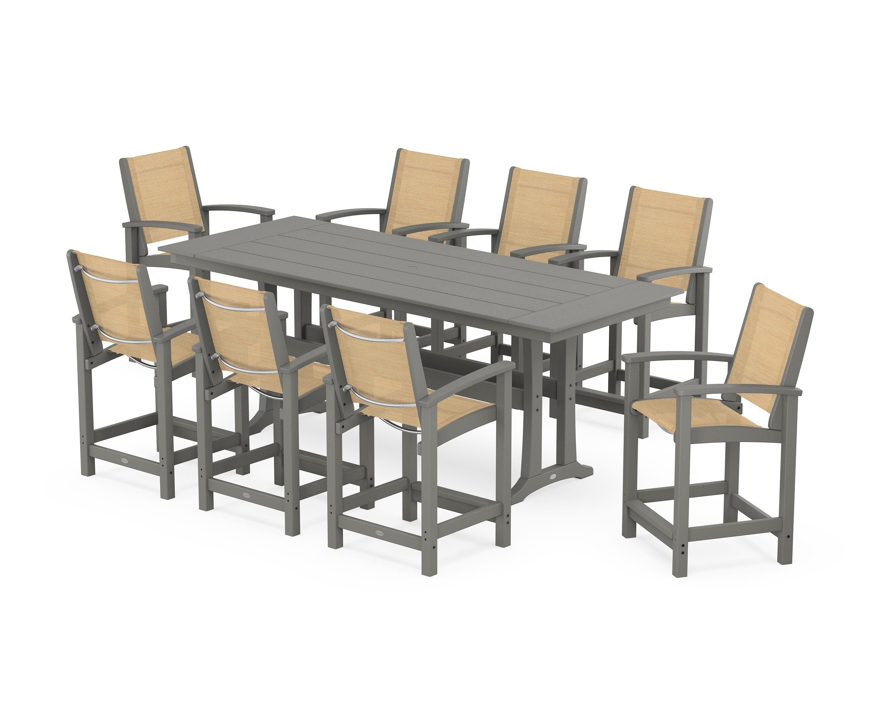 POLYWOOD® Coastal 9-Piece Farmhouse Counter Set with Trestle Legs in Slate Grey / Dupioni Apricot Sling