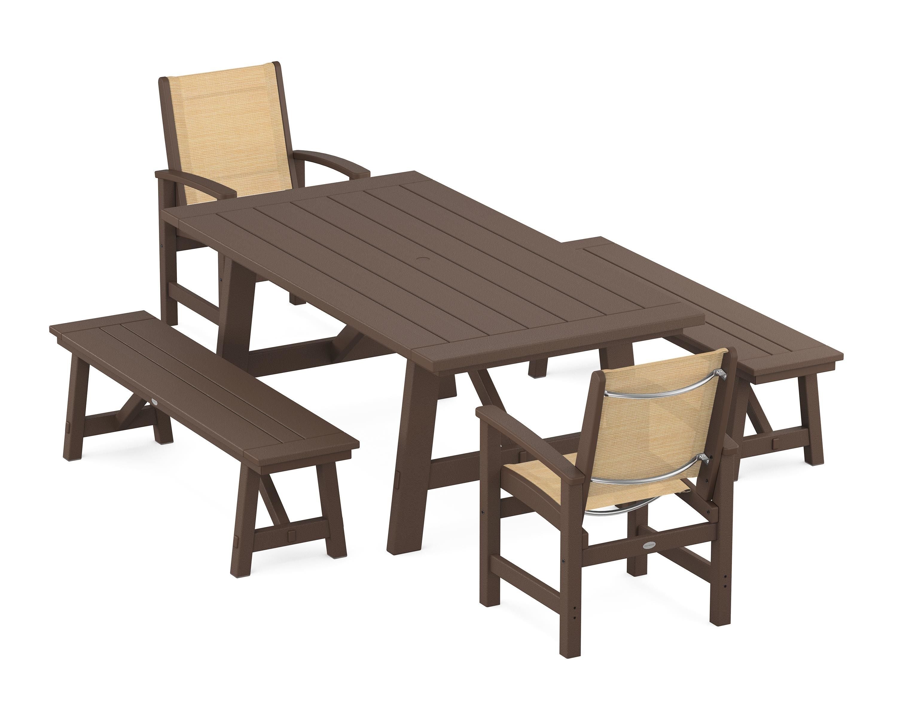 POLYWOOD® Coastal 5-Piece Rustic Farmhouse Dining Set With Benches in Mahogany / Dupioni Apricot Sling