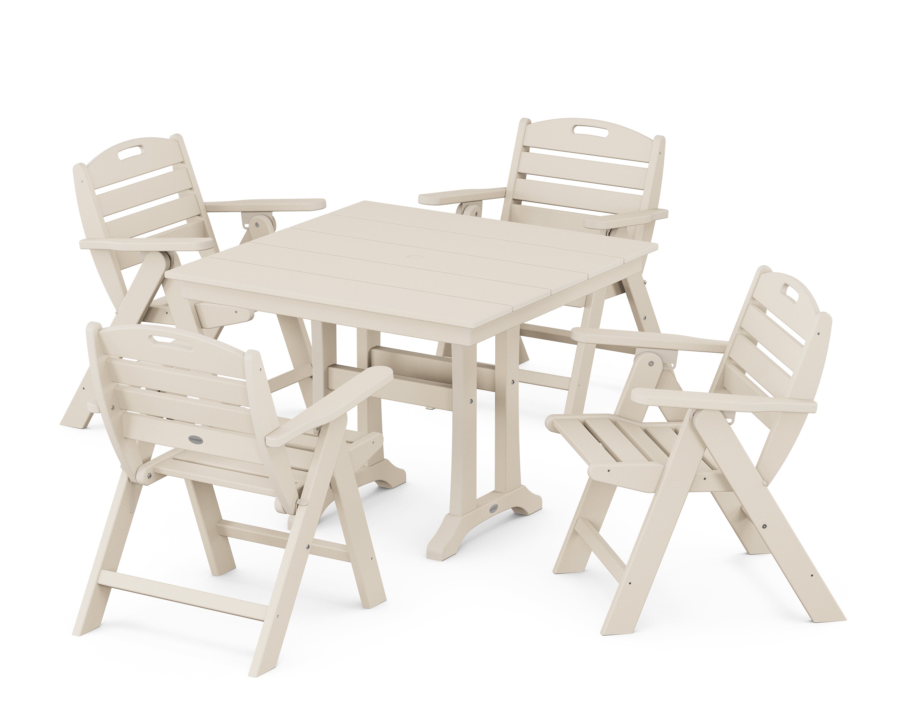 POLYWOOD® Nautical Folding Lowback Chair 5-Piece Farmhouse Dining Set With Trestle Legs in Sand
