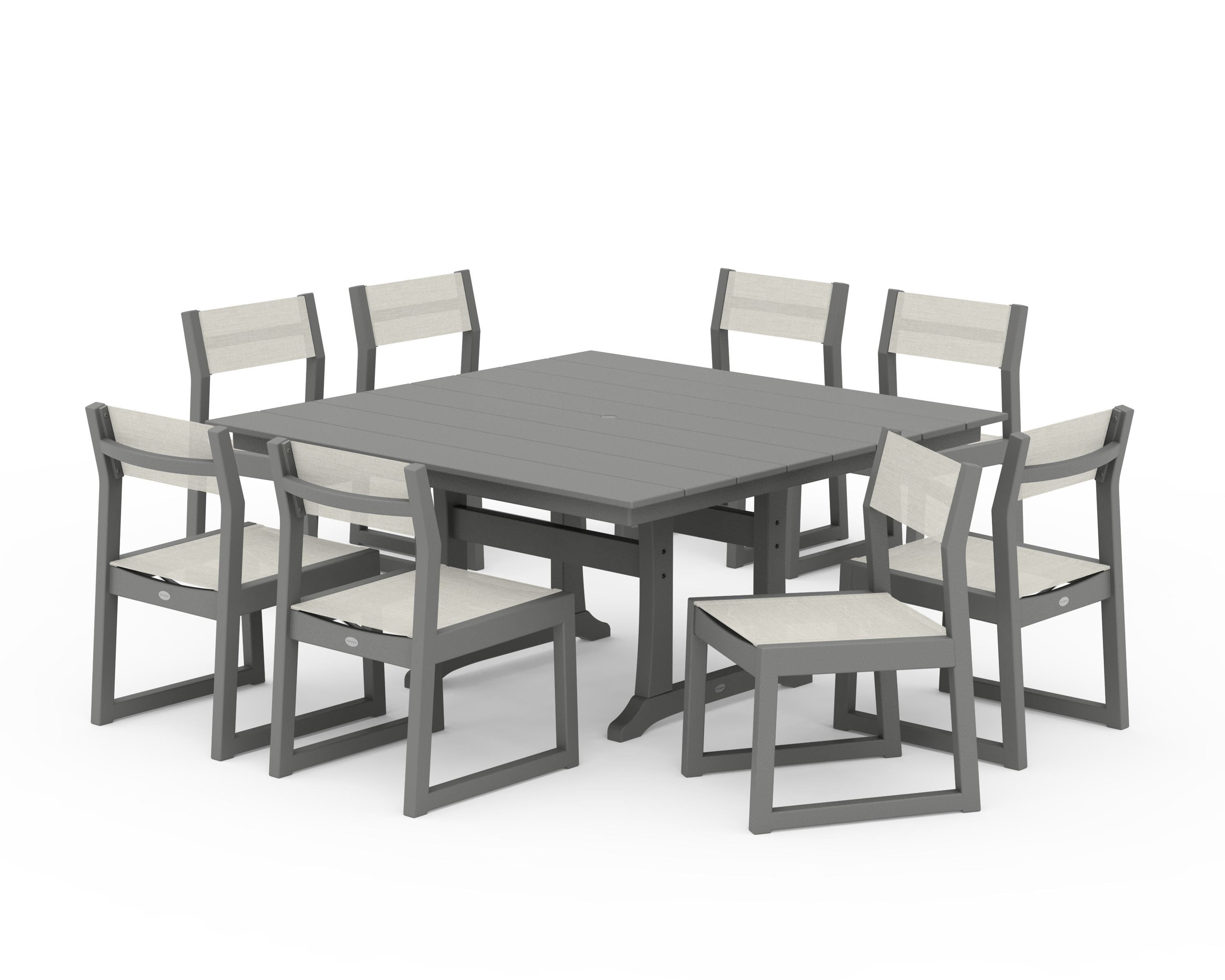 POLYWOOD® EDGE Sling Side Chair 9-Piece Farmhouse Trestle Dining Set in Slate Grey / Parchment Sling