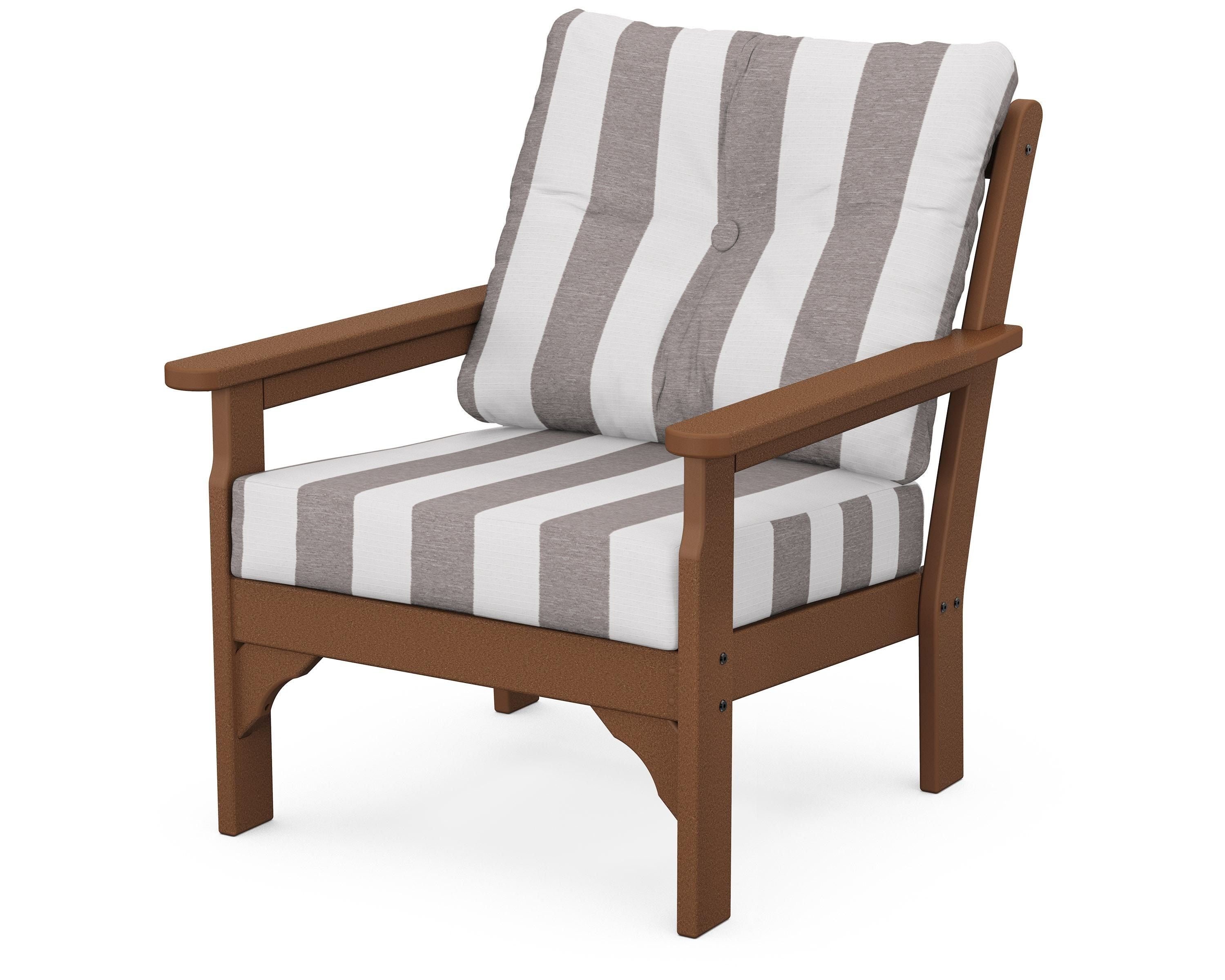 POLYWOOD® Vineyard Deep Seating Chair in Teak / Cabana Stripe Grey Mist
