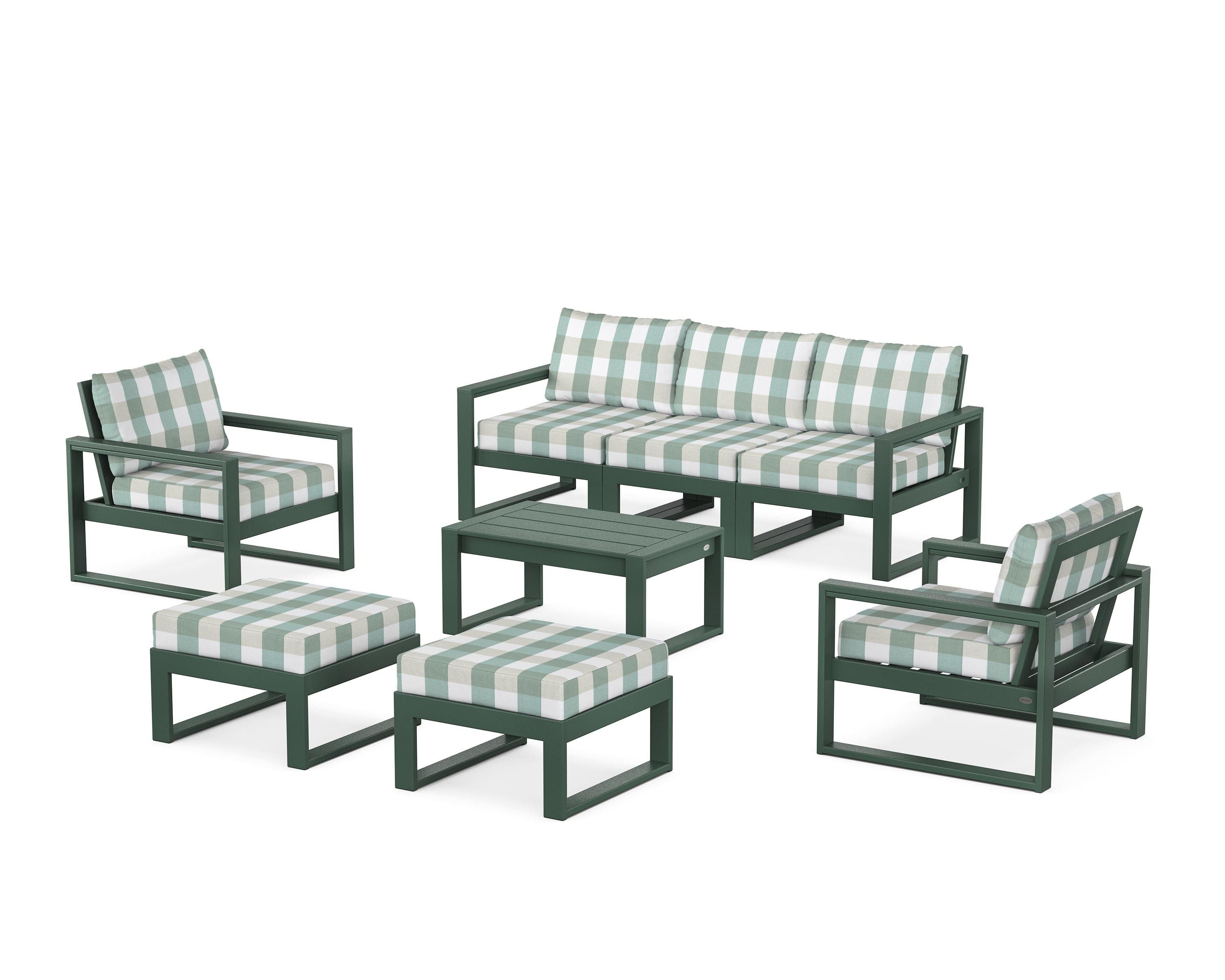 POLYWOOD® EDGE Sectional 8-Piece Lounge Sofa Set in Green / Buffalo Plaid Glacier Spa