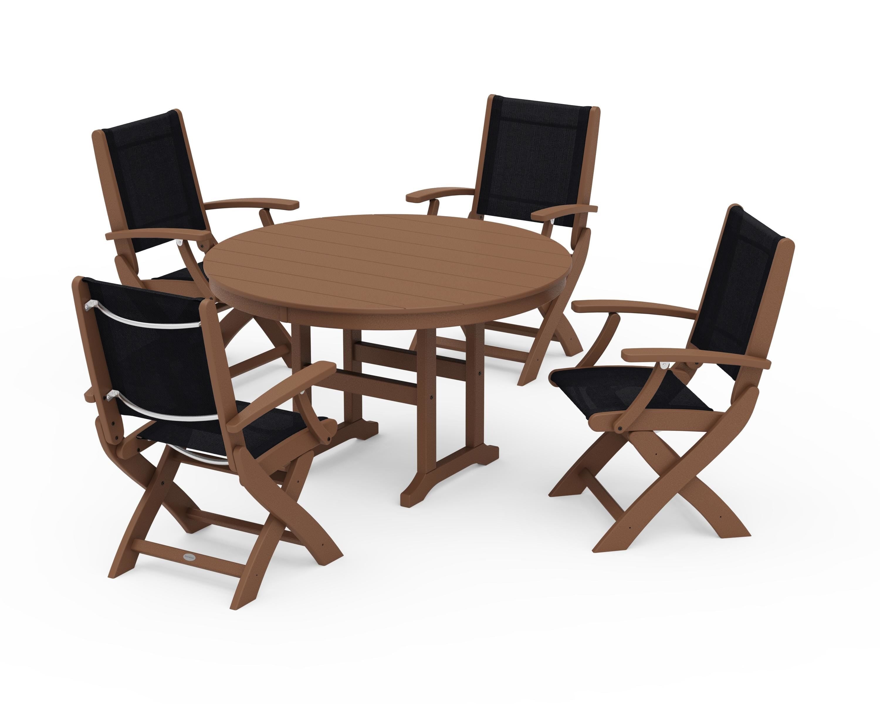 POLYWOOD® Coastal Folding Chair 5-Piece Round Dining Set in Teak / Black Sling