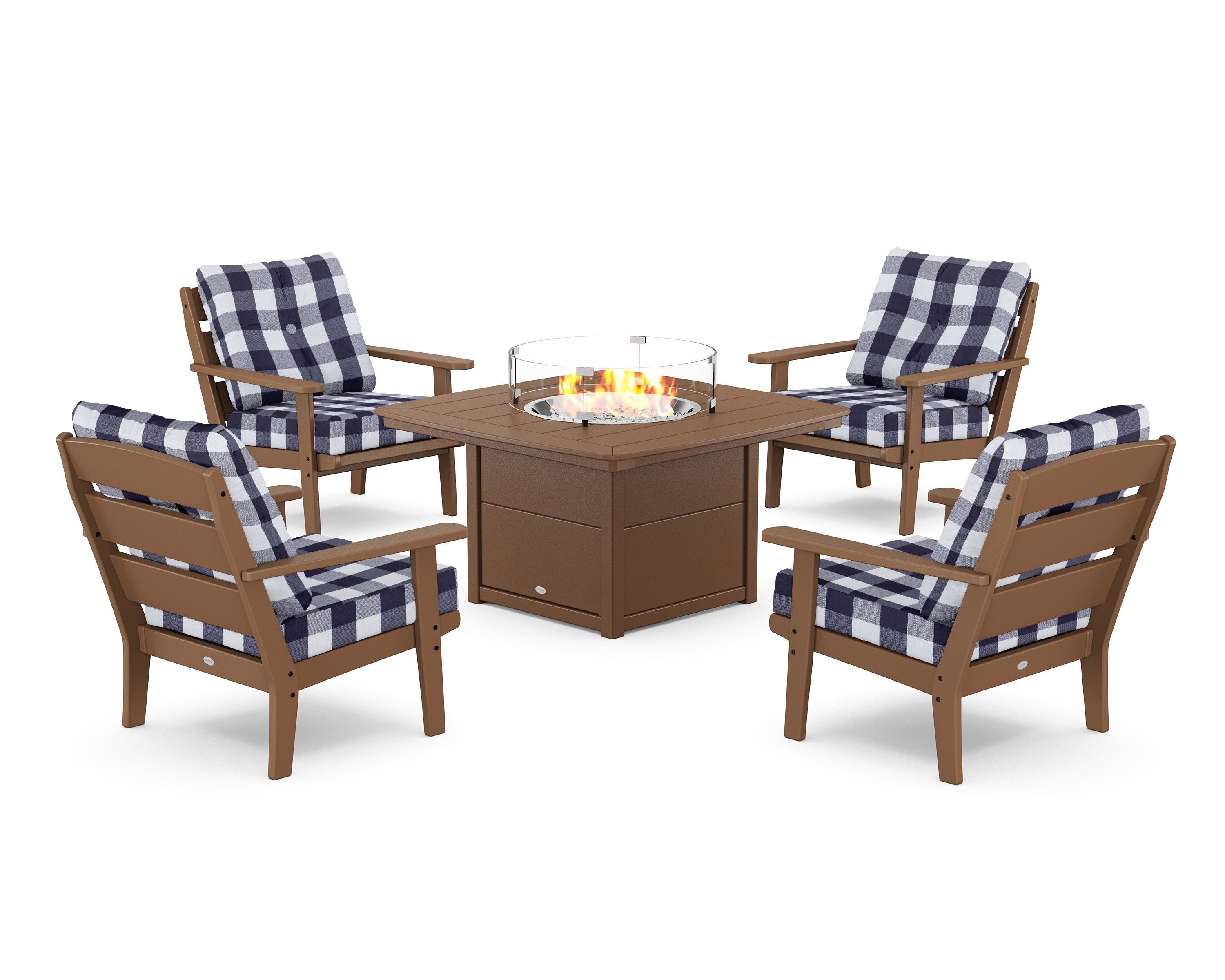 POLYWOOD® Lakeside 5-Piece Deep Seating Set with Nautical Fire Pit Table in Teak / Buffalo Plaid Navy