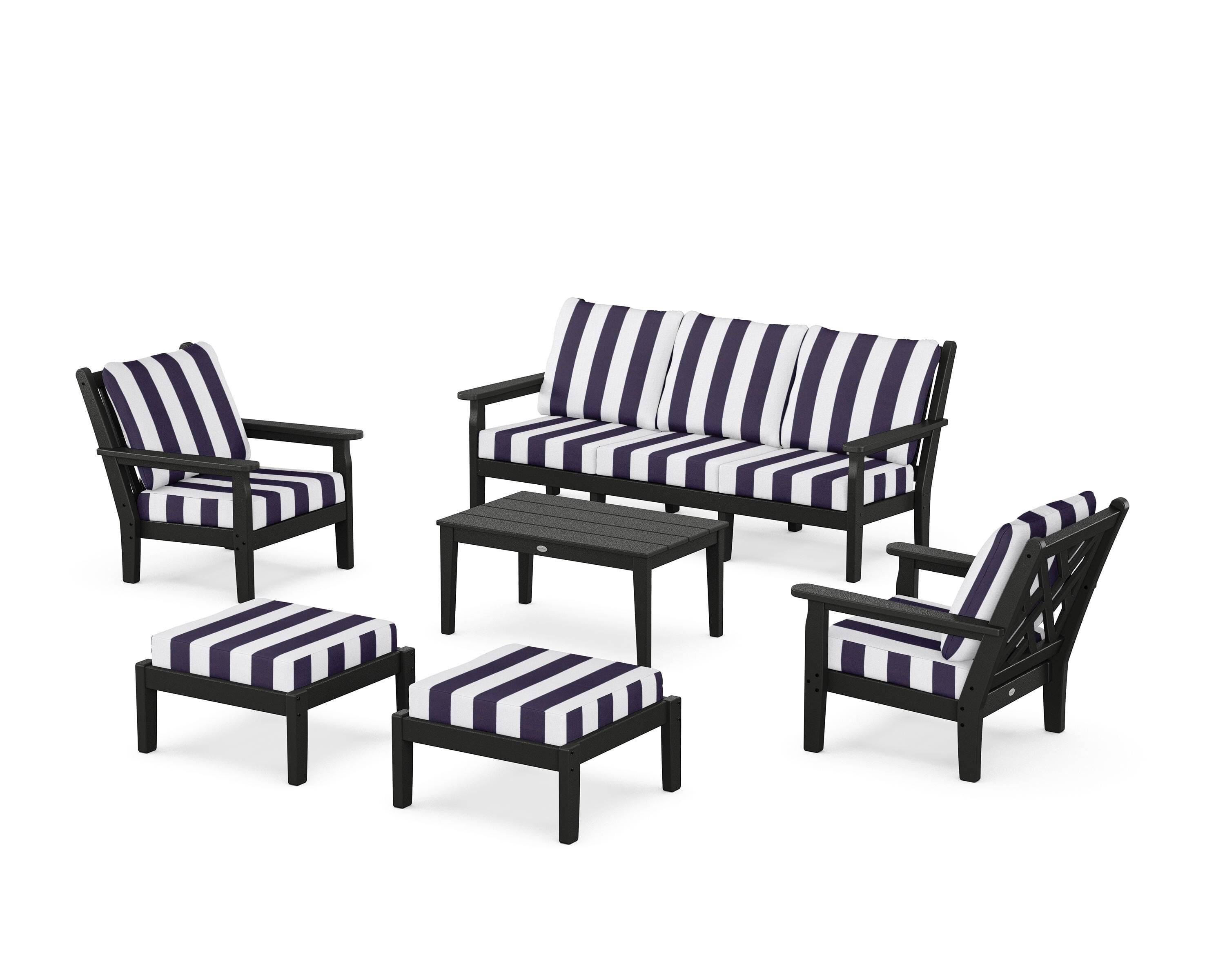 POLYWOOD® Chippendale 6-Piece Lounge Sofa Set in Black / Cabana Stripe Navy