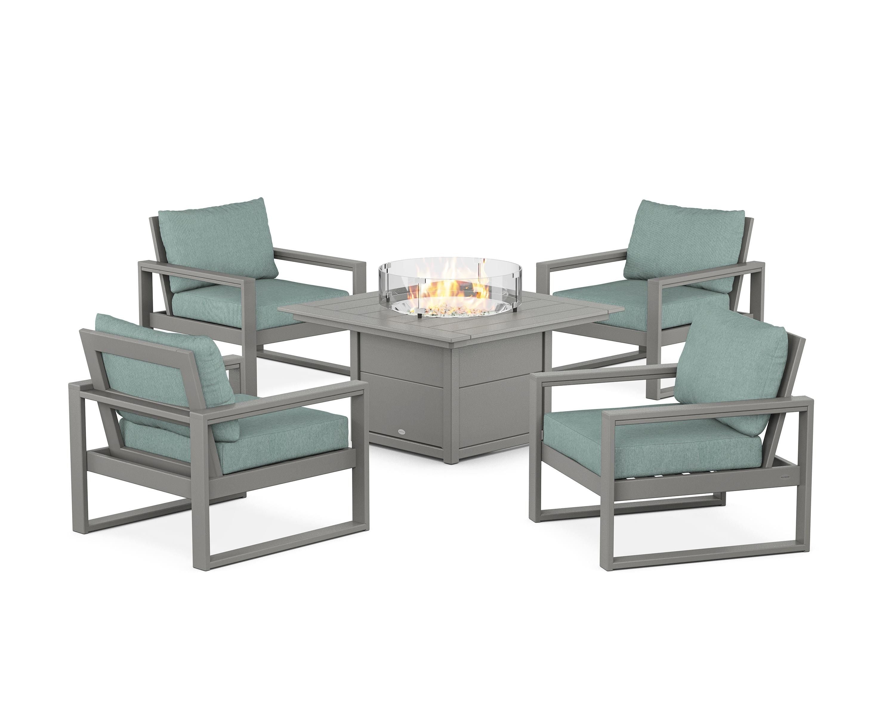 POLYWOOD® EDGE Sectional 5-Piece Deep Seating Set with Fire Pit Table in Slate Grey / Glacier Spa