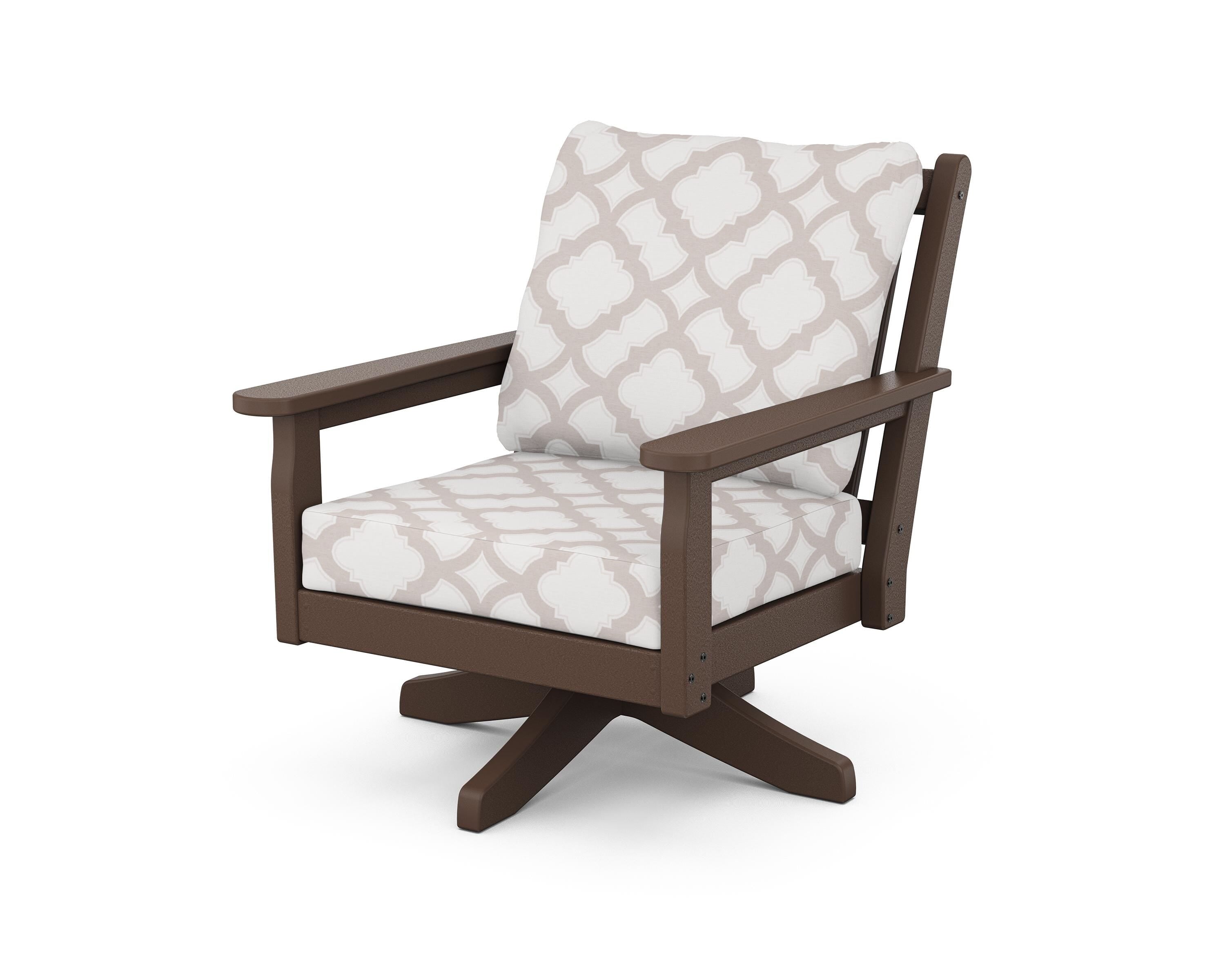 POLYWOOD® Chippendale Deep Seating Swivel Chair in Mahogany / Trellis Dune Burlap