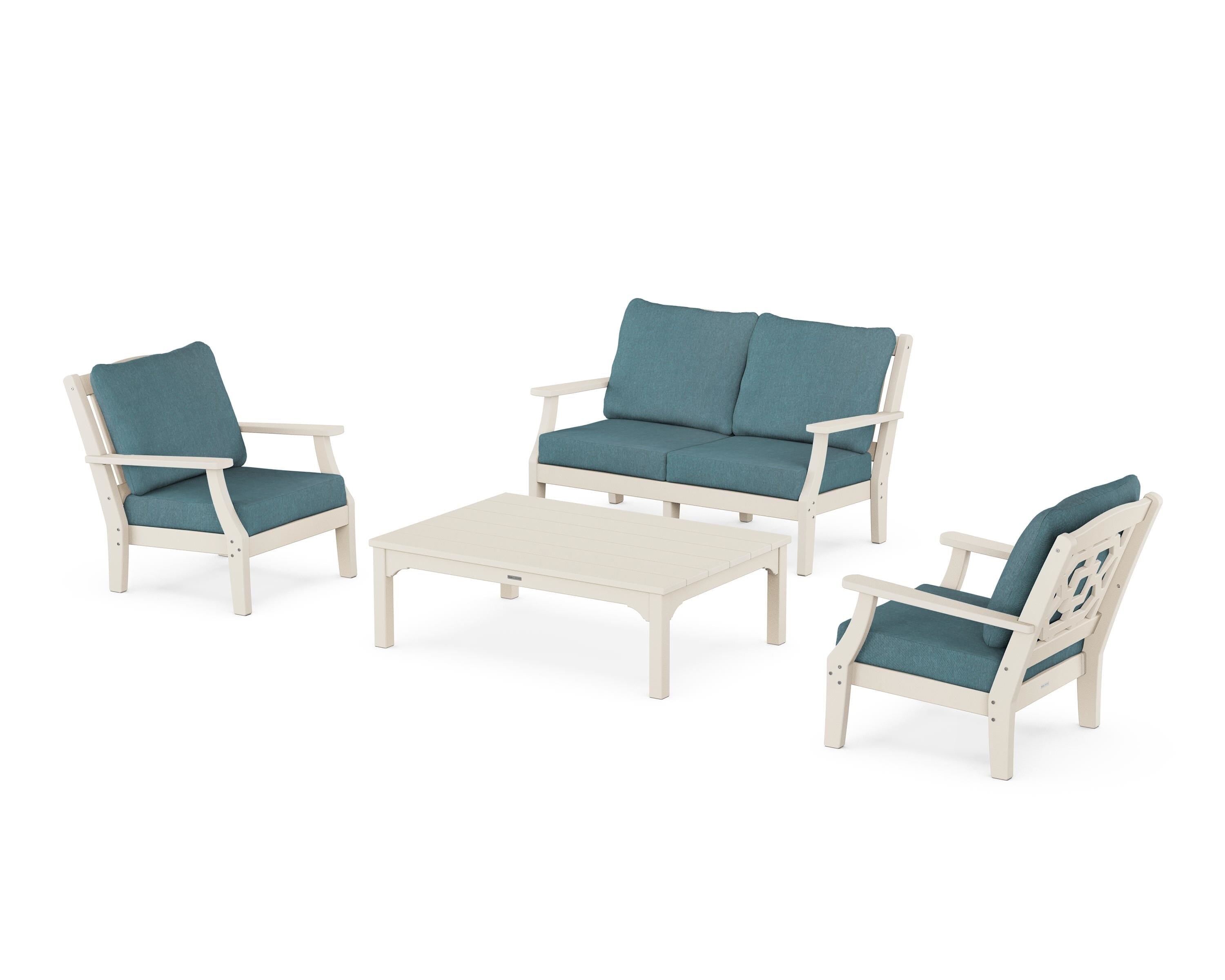 Martha Stewart by POLYWOOD® Chinoiserie 4-Piece Deep Seating Set with Loveseat in Sand / Ocean Teal