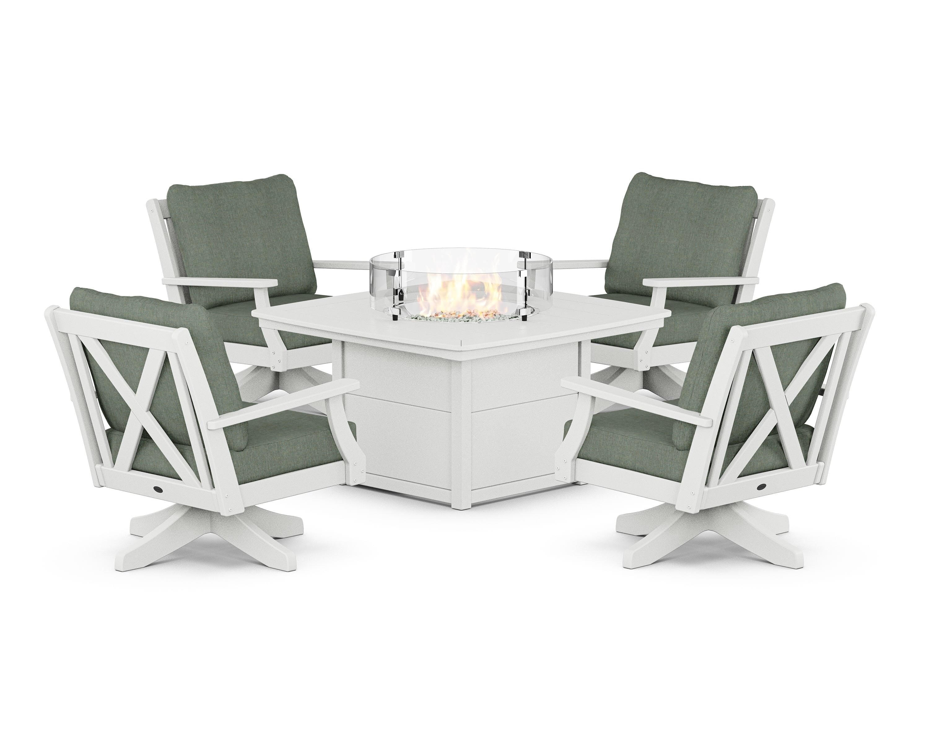 POLYWOOD® Braxton 5-Piece Deep Seating Swivel Conversation Set with Fire Pit Table in White / Cast Sage
