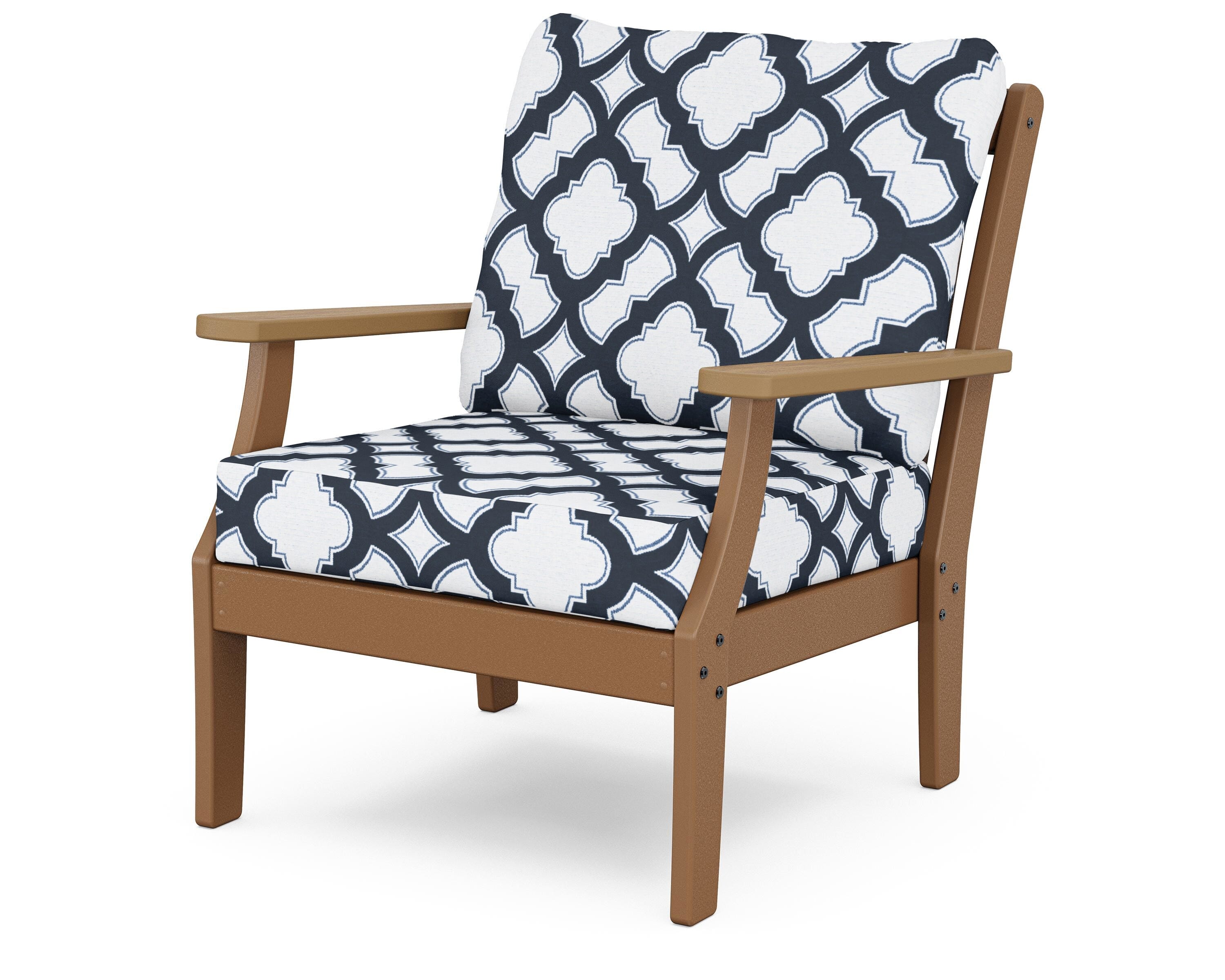 POLYWOOD® Braxton Deep Seating Chair in Teak / Natural / Trellis Marine Indigo