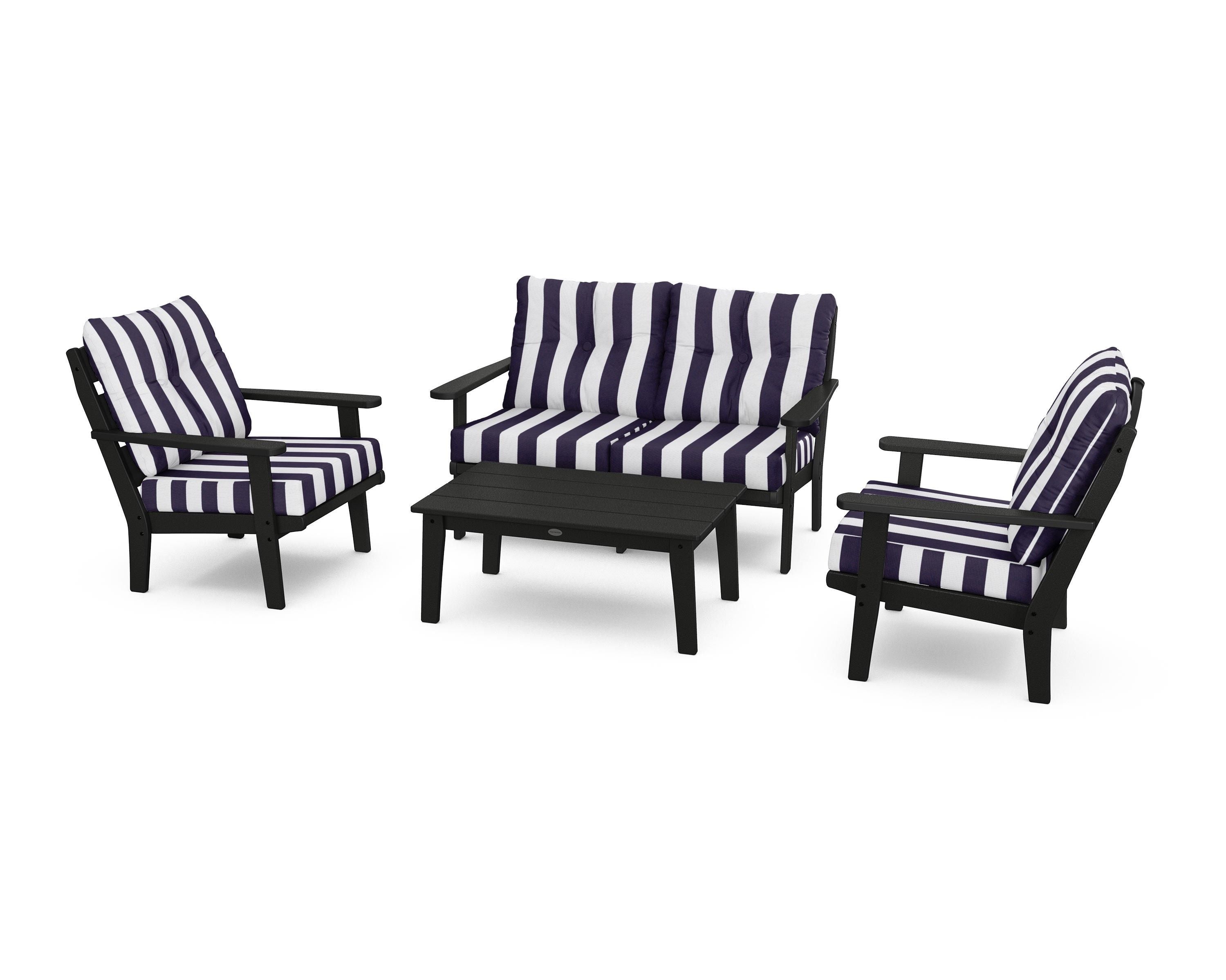 POLYWOOD® Lakeside 4-Piece Deep Seating Set in Black / Cabana Stripe Navy