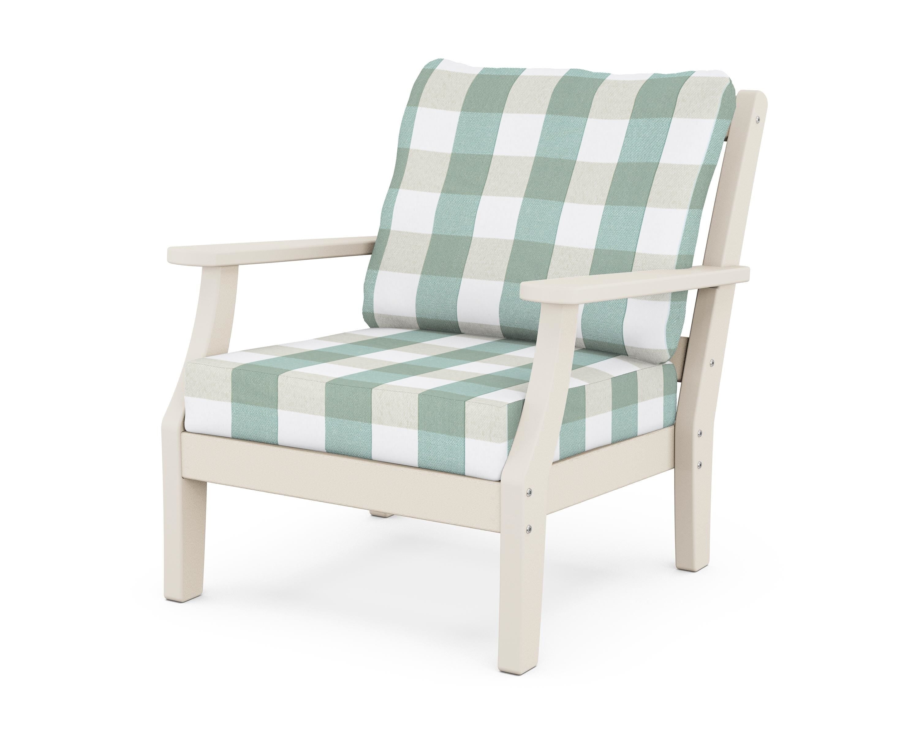 Martha Stewart by POLYWOOD® Chinoiserie Deep Seating Chair in Sand / Buffalo Plaid Glacier Spa