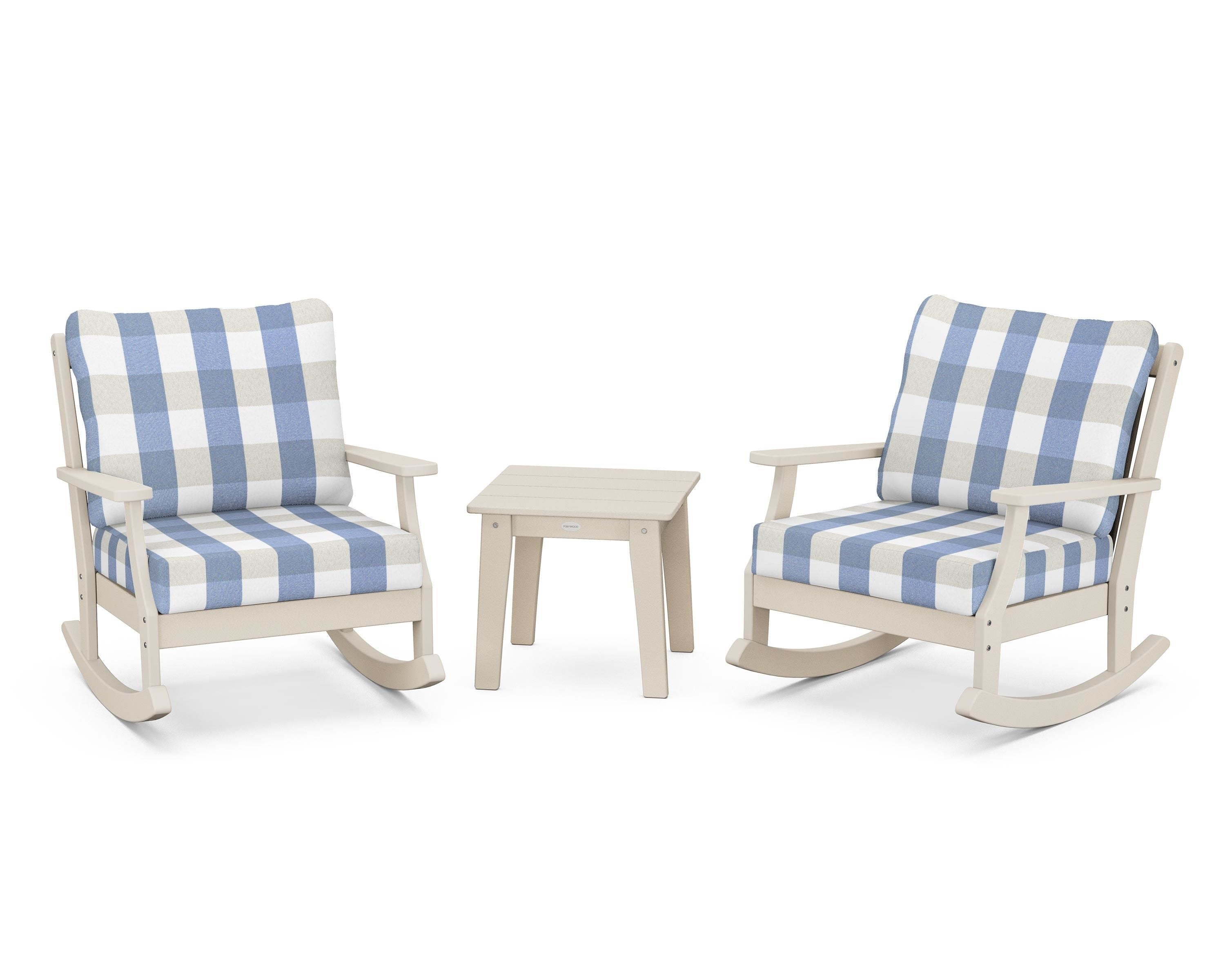 POLYWOOD® Braxton 3-Piece Deep Seating Rocker Set in Sand / Buffalo Plaid Sky Blue