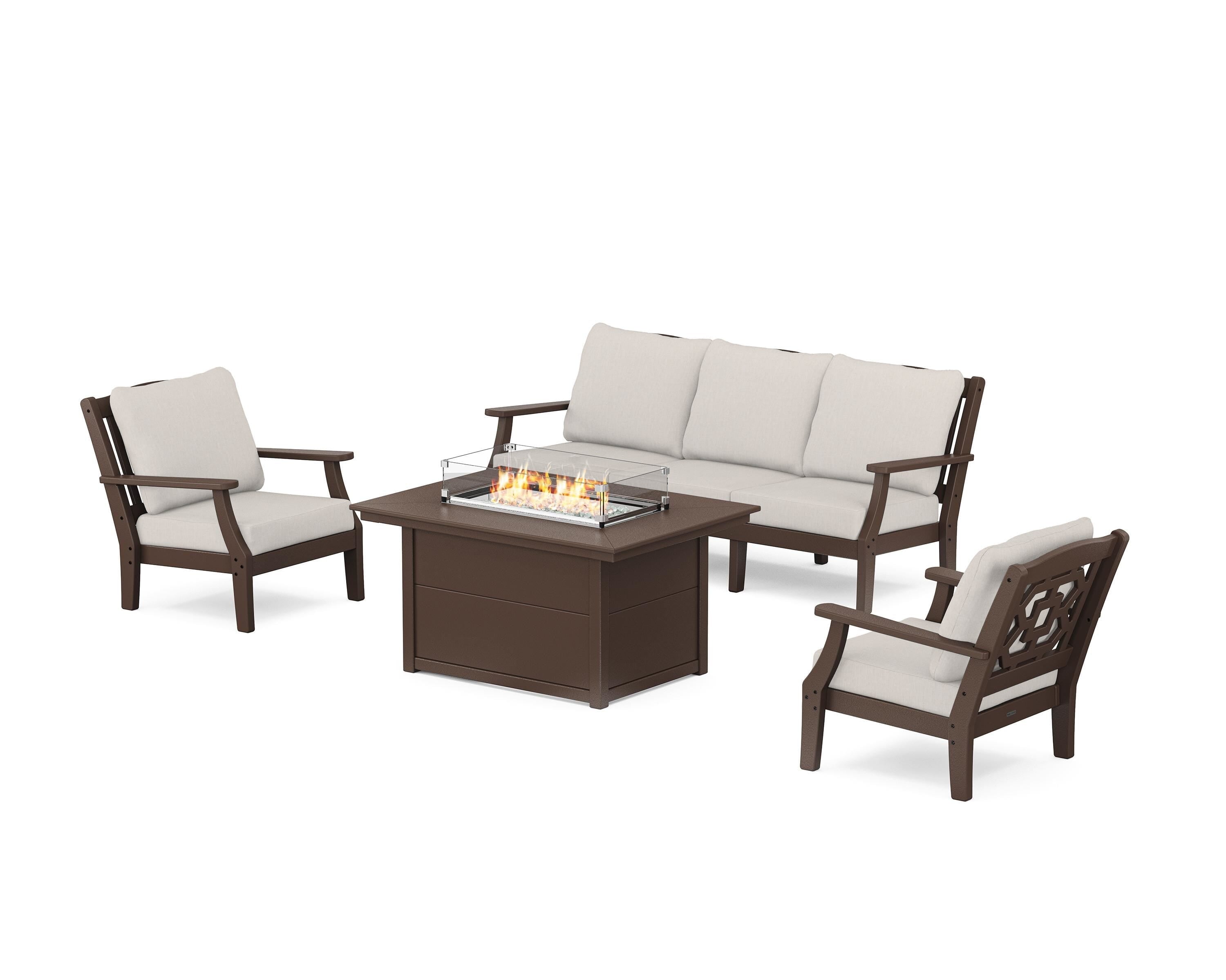 Martha Stewart by POLYWOOD® Chinoiserie Deep Seating Fire Pit Table Set in Mahogany / Cast Ash
