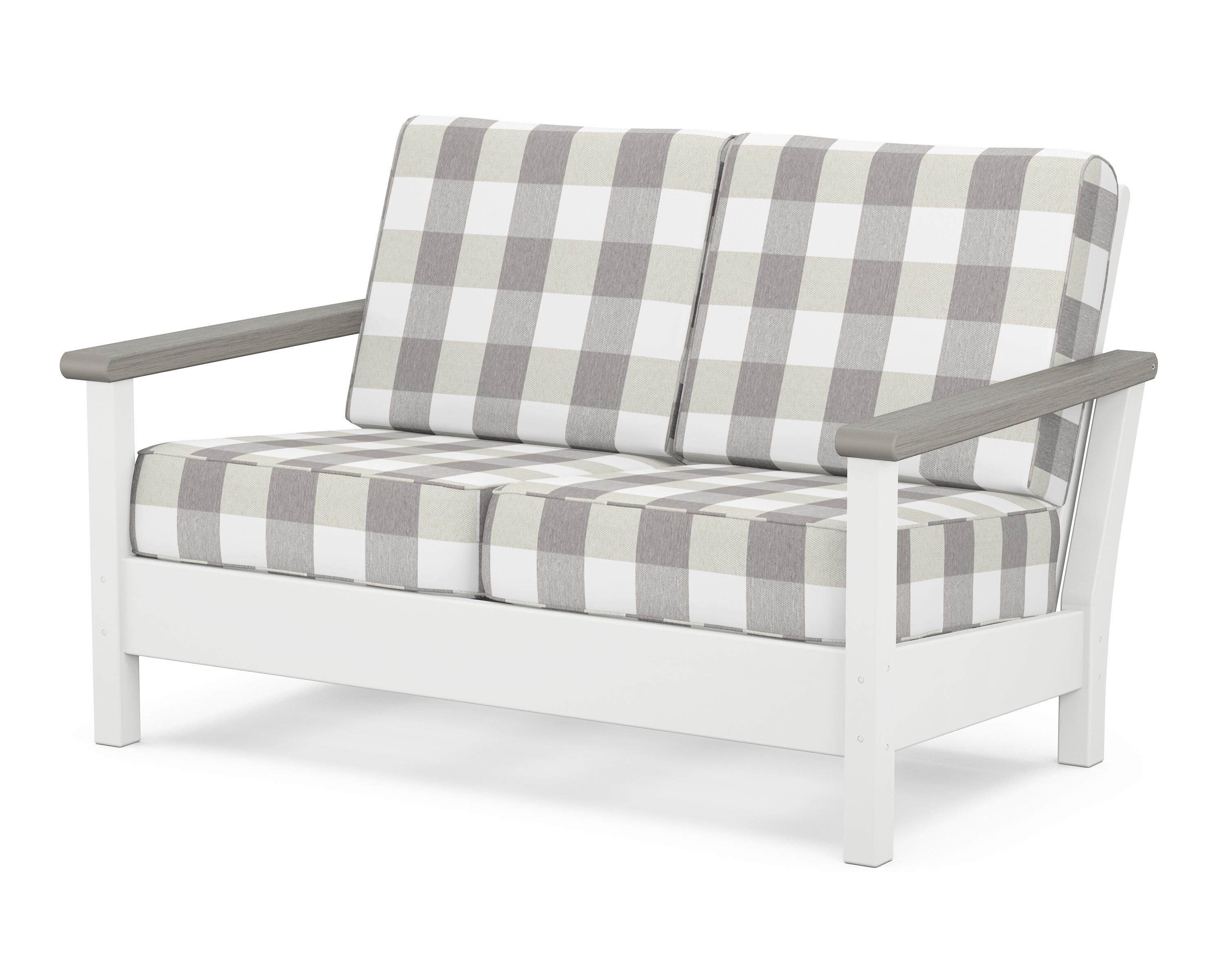 POLYWOOD® Harbour Deep Seating Loveseat in White / Driftwood / Buffalo Plaid Grey Mist