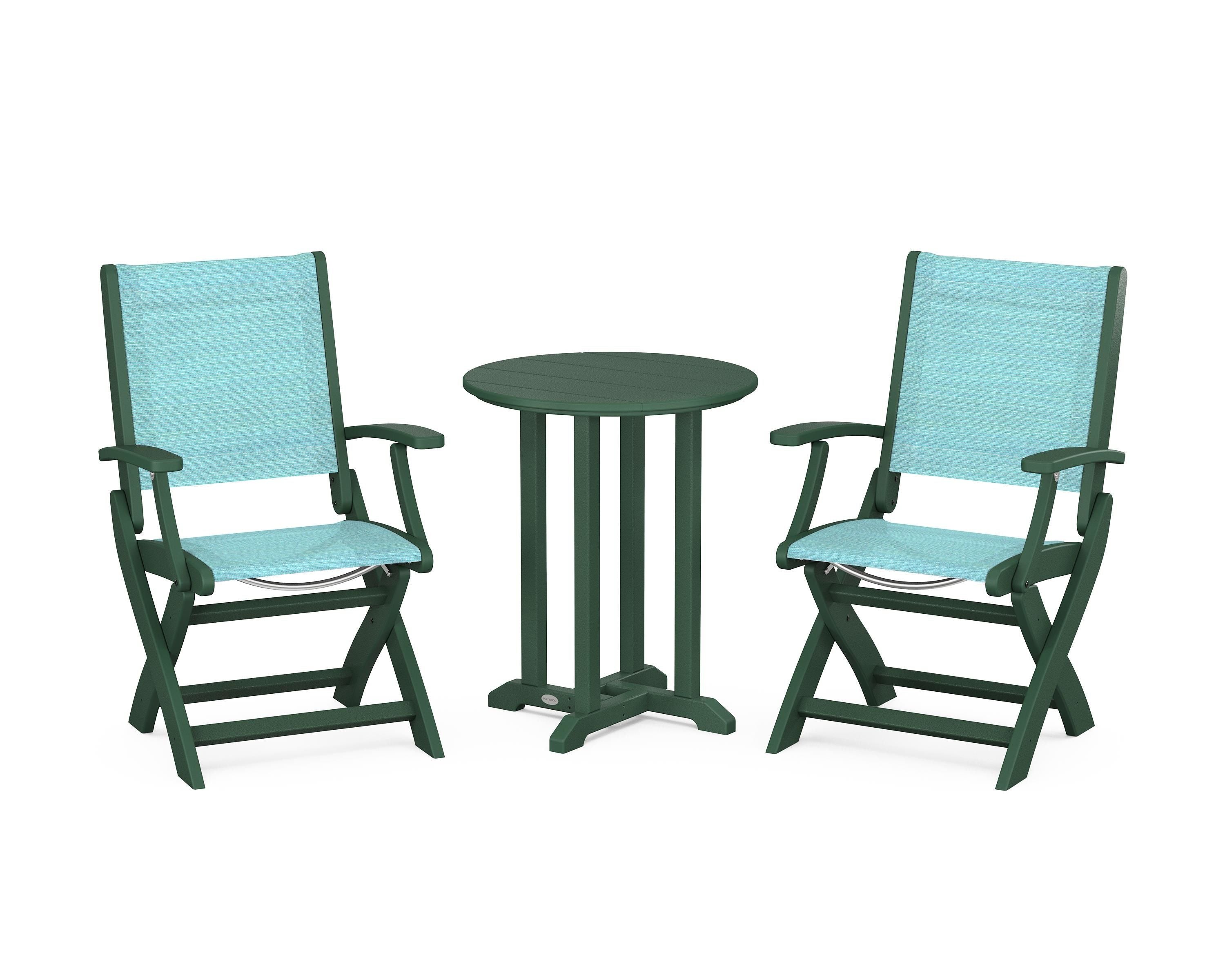 POLYWOOD® Coastal Folding 3-Piece Round Bistro Dining Set in Green / Dupioni Aquamarine Sling