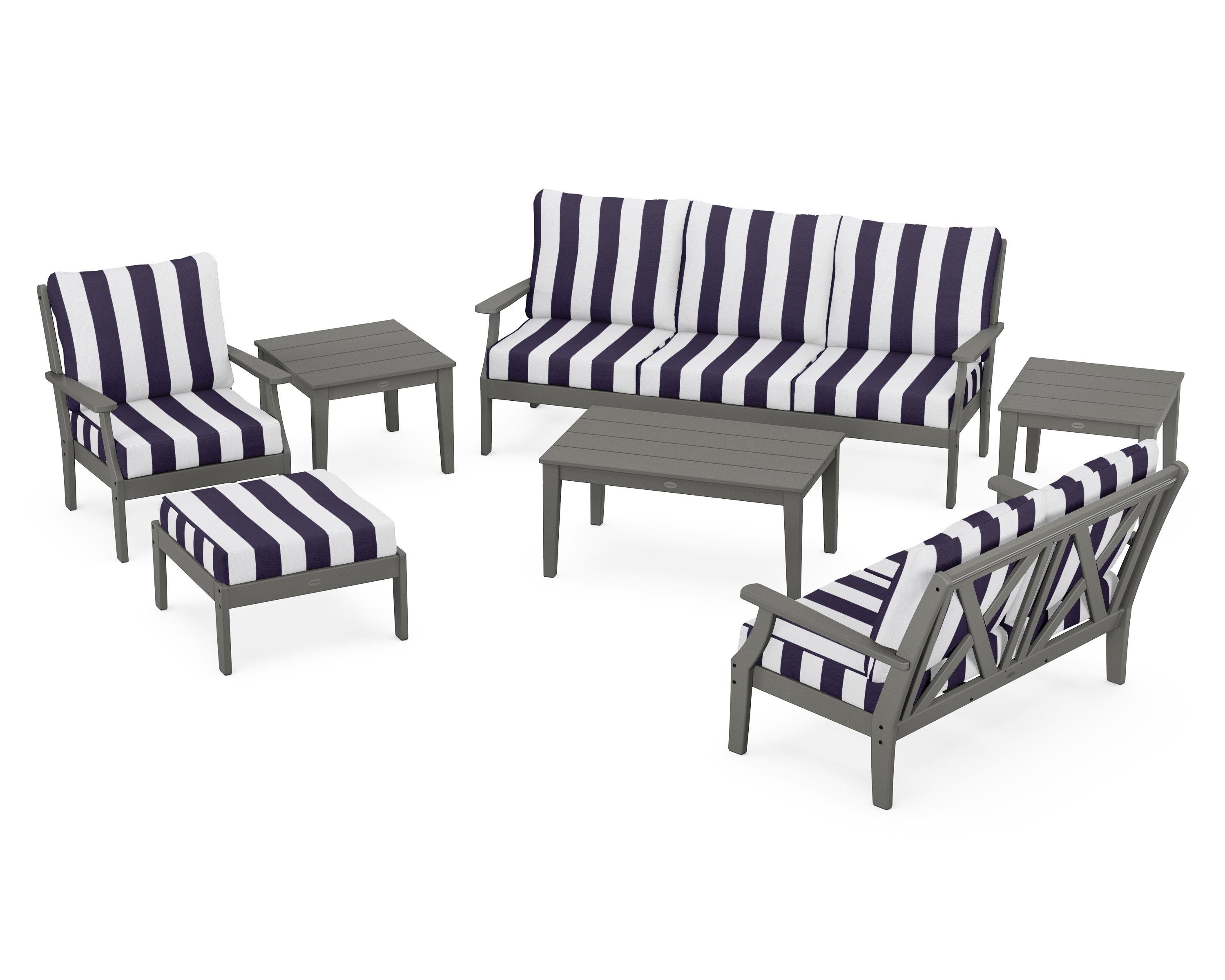 POLYWOOD® Braxton 7-Piece Deep Seating Set in Slate Grey / Cabana Stripe Navy