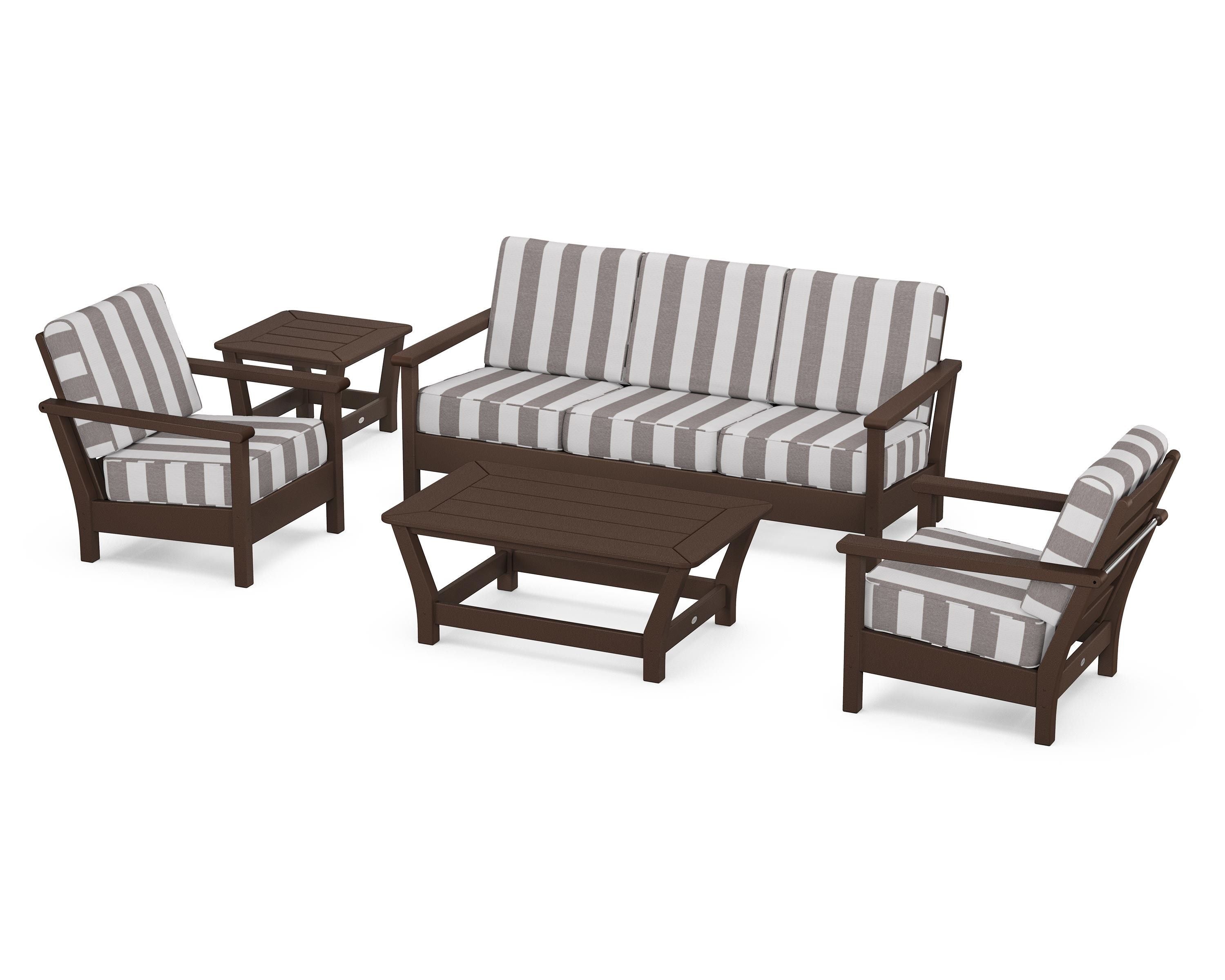 POLYWOOD® Harbour 5-Piece Deep Seating Set in Mahogany / Cabana Stripe Grey Mist