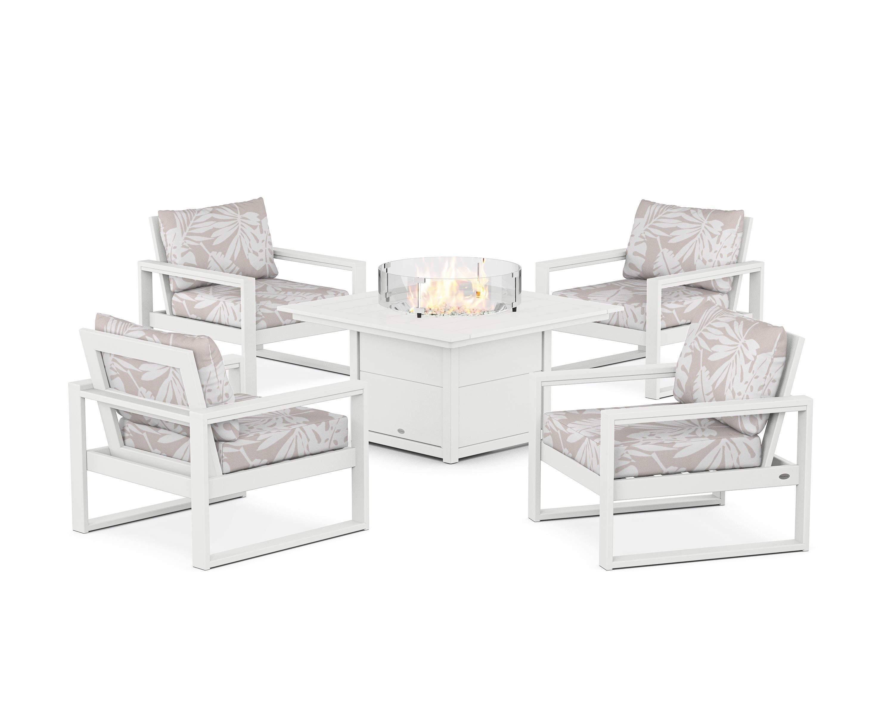 POLYWOOD® EDGE Sectional 5-Piece Deep Seating Set with Fire Pit Table in White / Leaf Dune Burlap