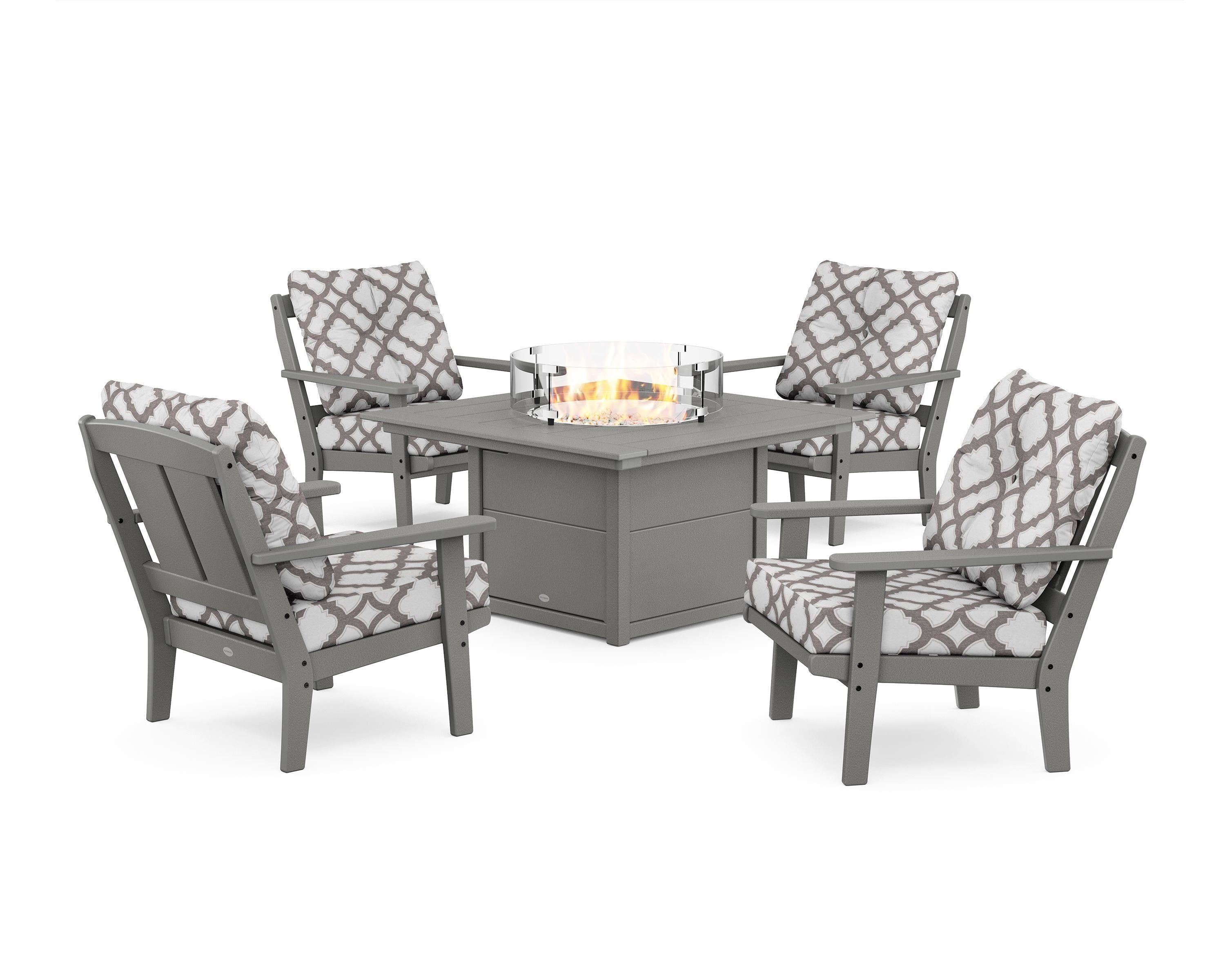 POLYWOOD® Mission 5-Piece Deep Seating Set with Fire Pit Table in Slate Grey / Trellis Grey Mist